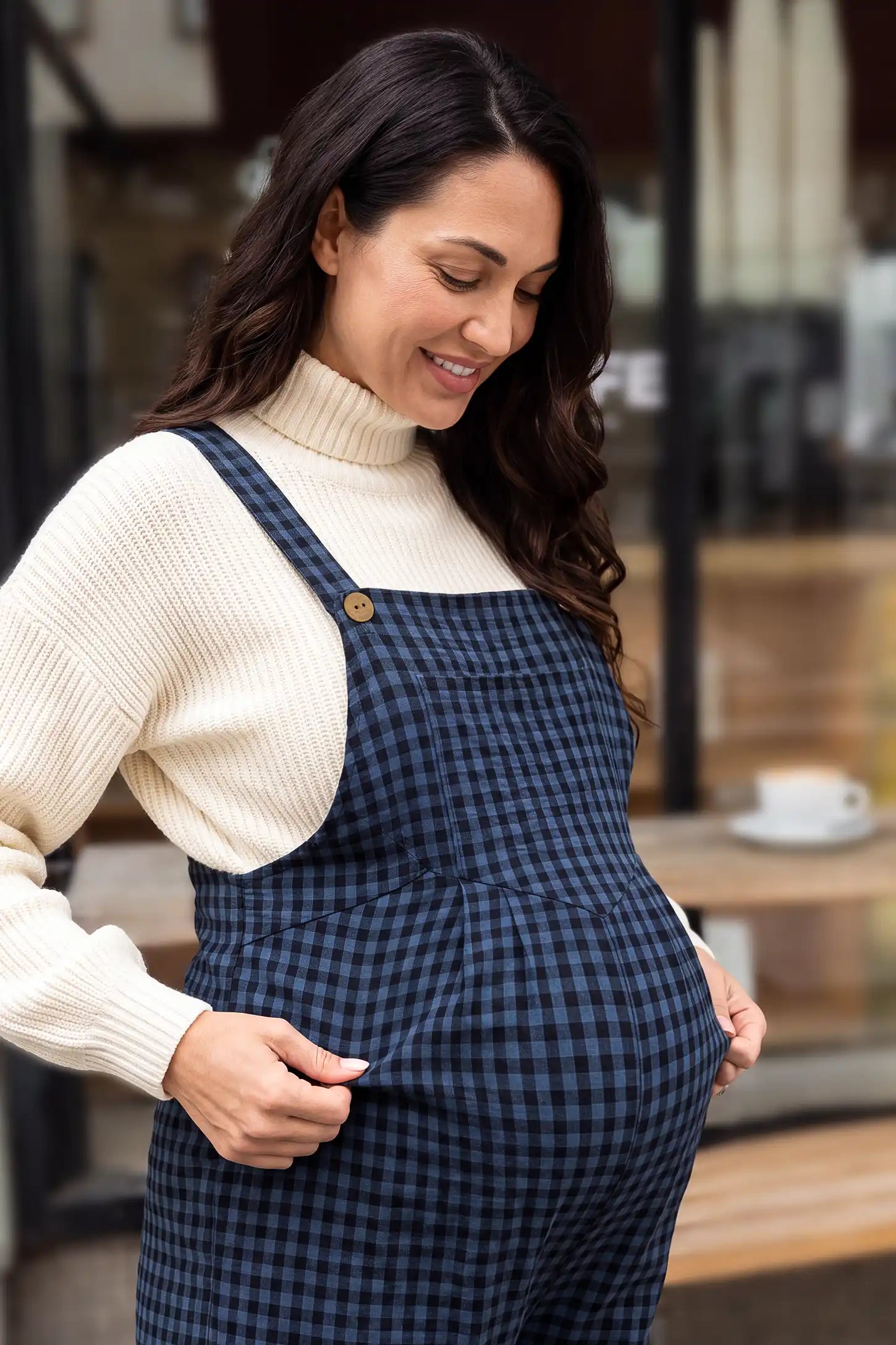 Plaid Square-Neck Button-Detail Maternity Jumpsuit