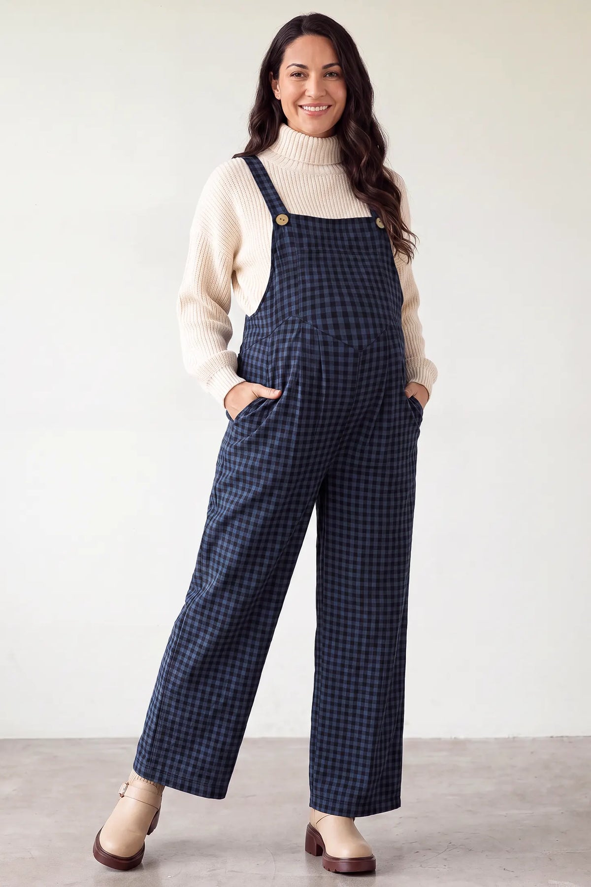 Plaid Square-Neck Button-Detail Maternity Jumpsuit