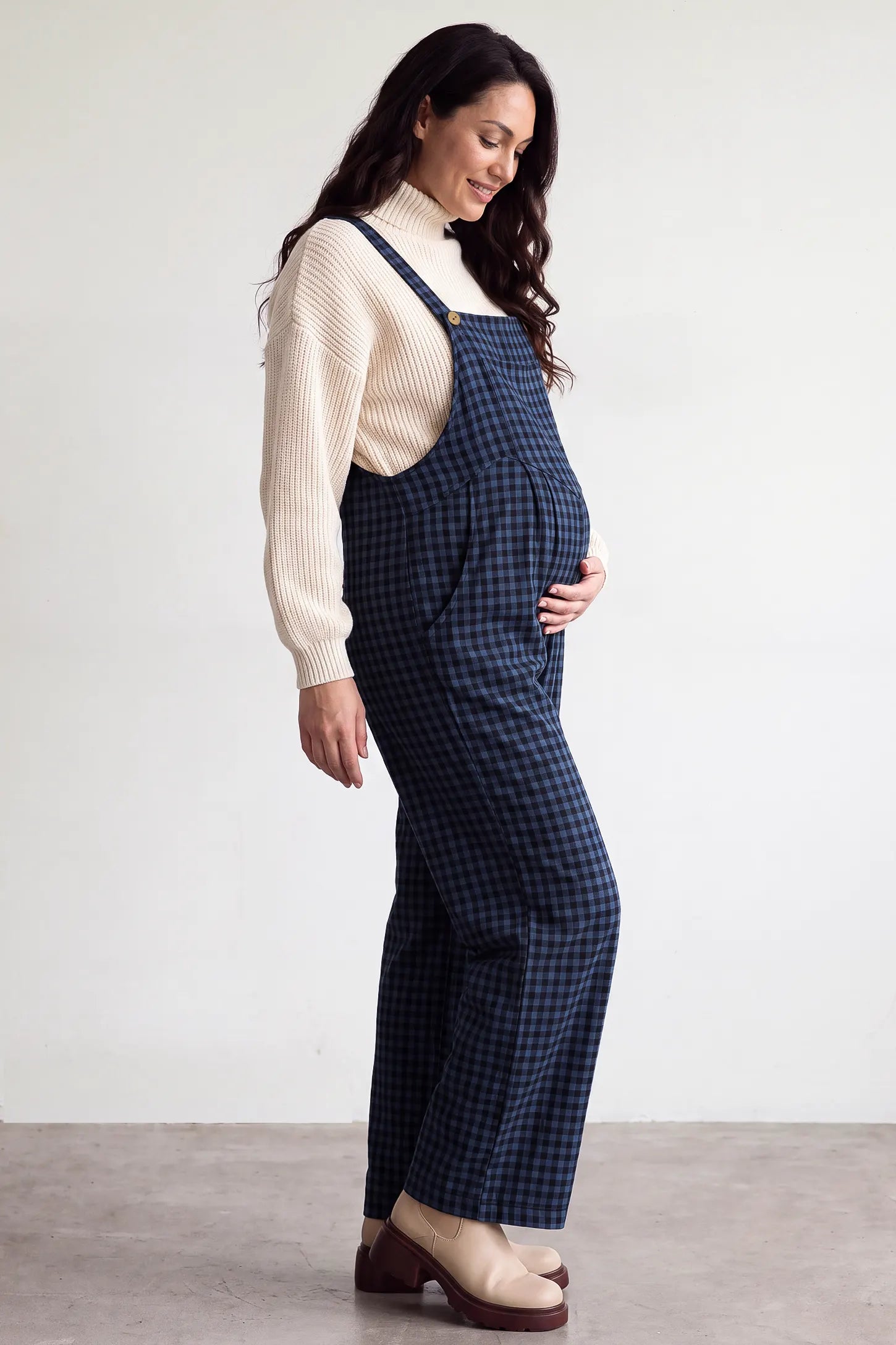 Plaid Square-Neck Button-Detail Maternity Jumpsuit