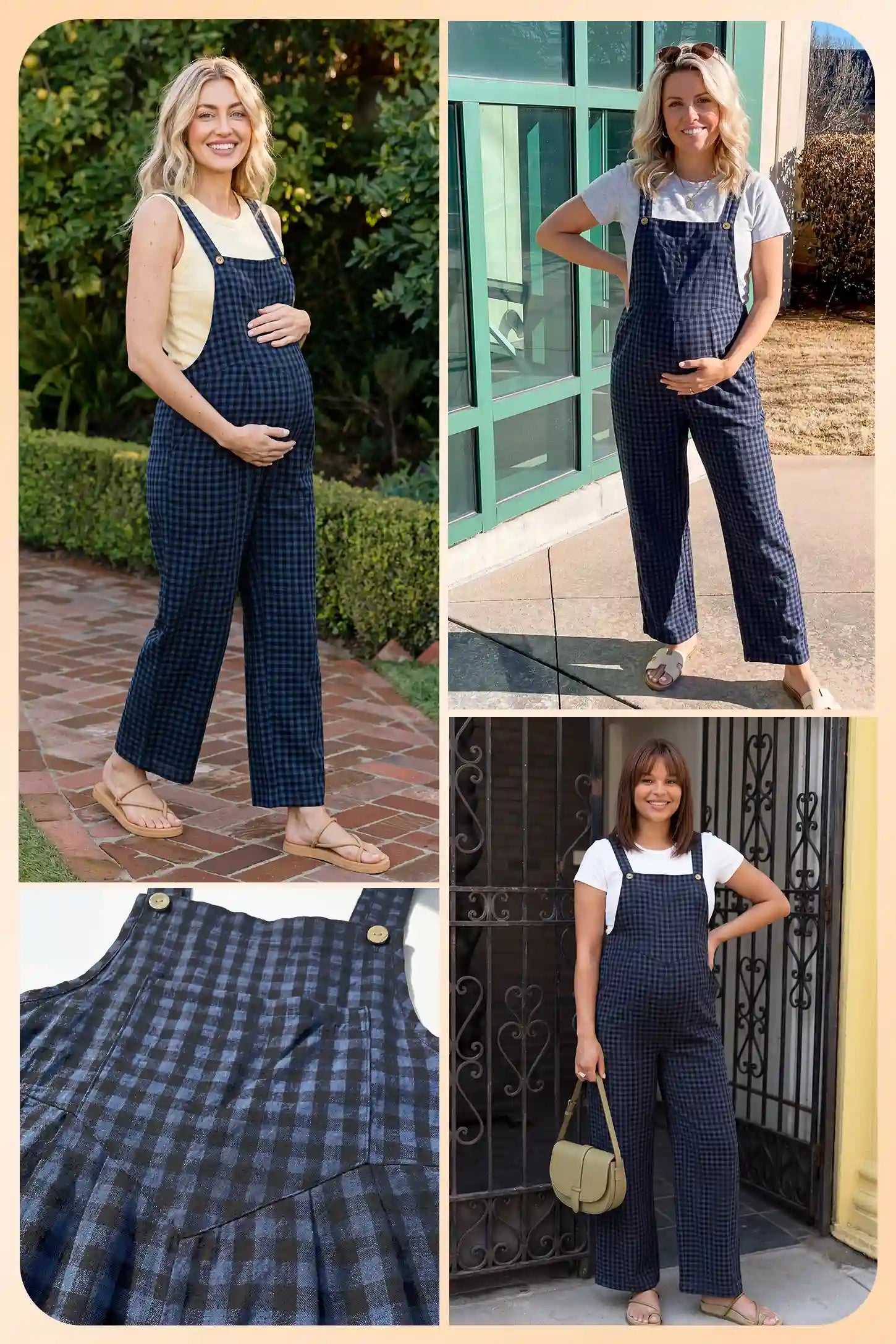 Plaid Square-Neck Button-Detail Maternity Jumpsuit