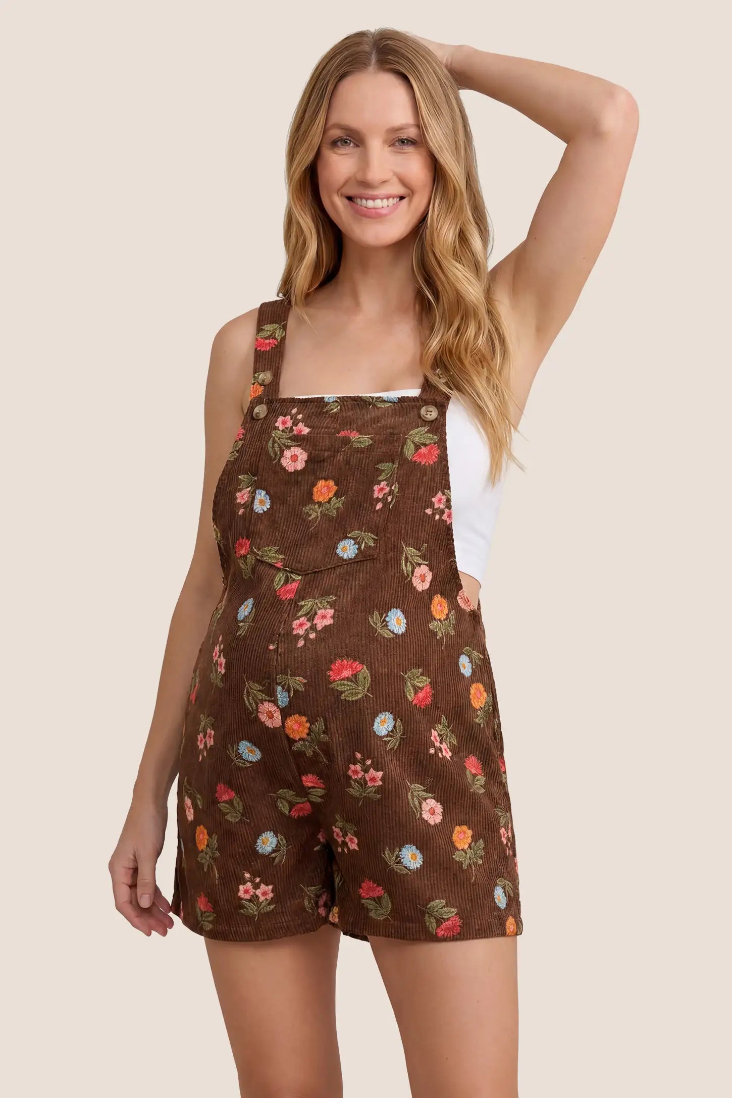 Adjustable Waist Front Pocket Maternity Short Overalls