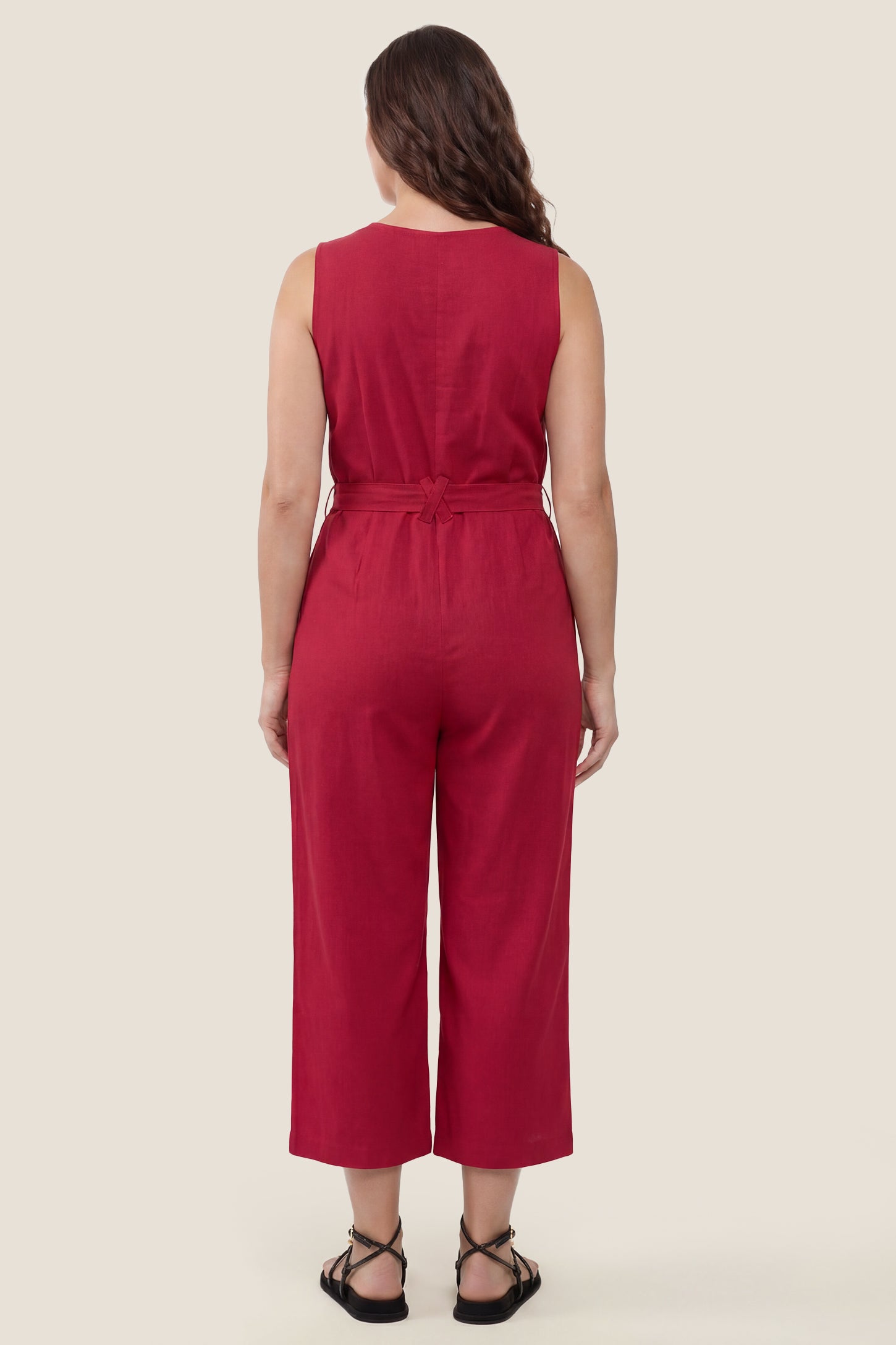 Sleeveless V-Neck Tie-Waist Maternity Jumpsuit
