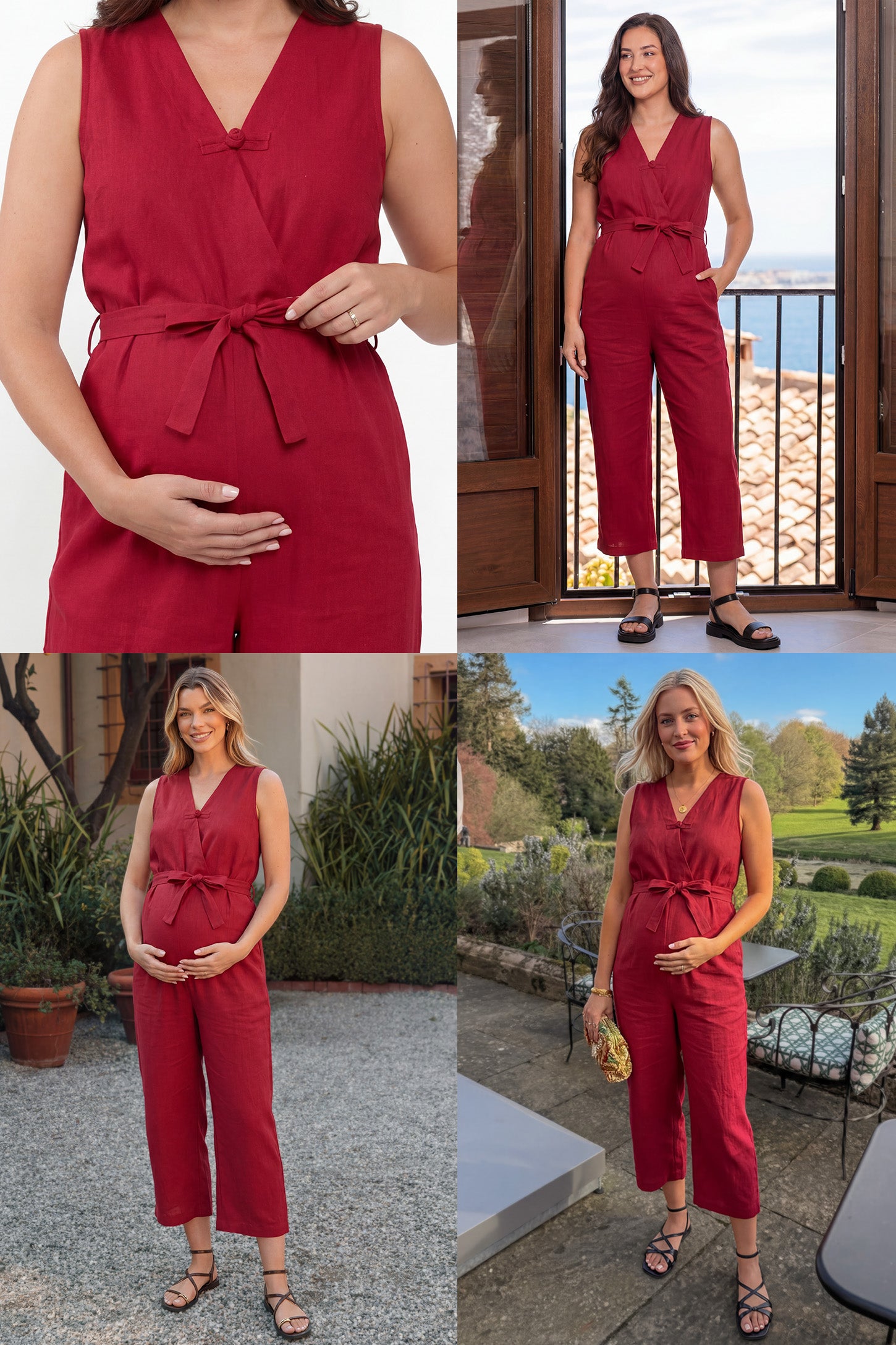 Sleeveless V-Neck Tie-Waist Maternity Jumpsuit