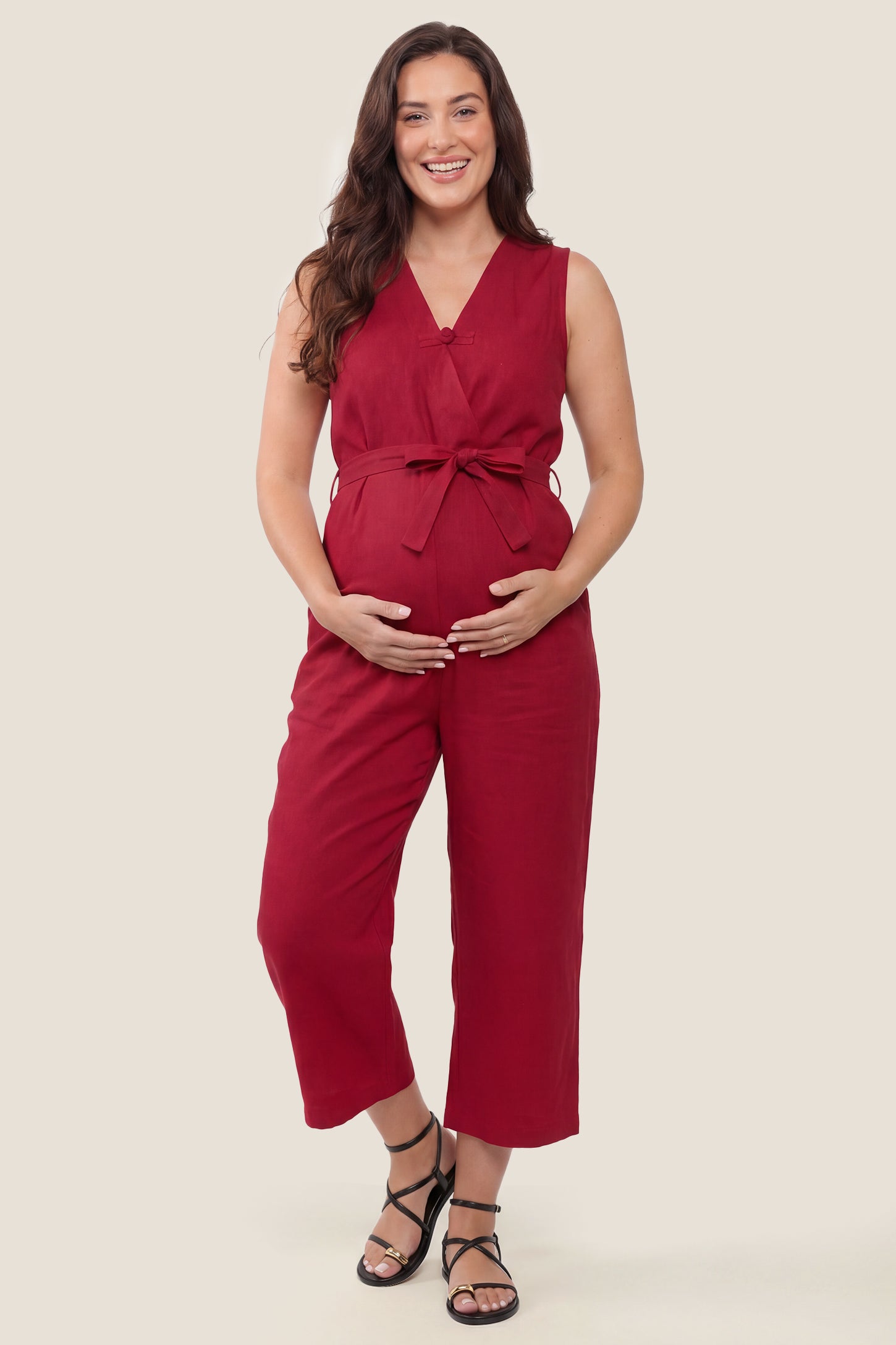 Sleeveless V-Neck Tie-Waist Maternity Jumpsuit