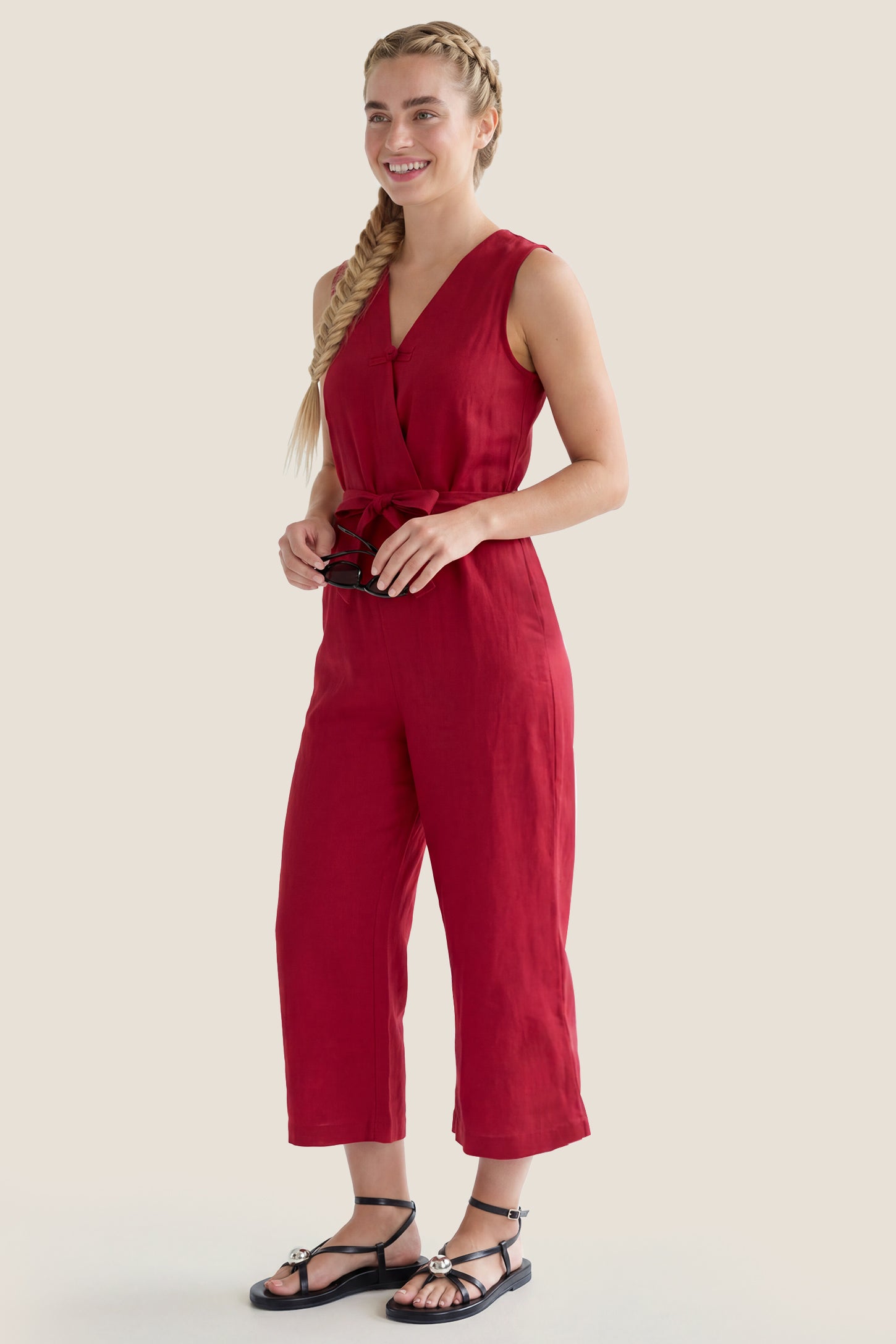 Sleeveless V-Neck Tie-Waist Maternity Jumpsuit