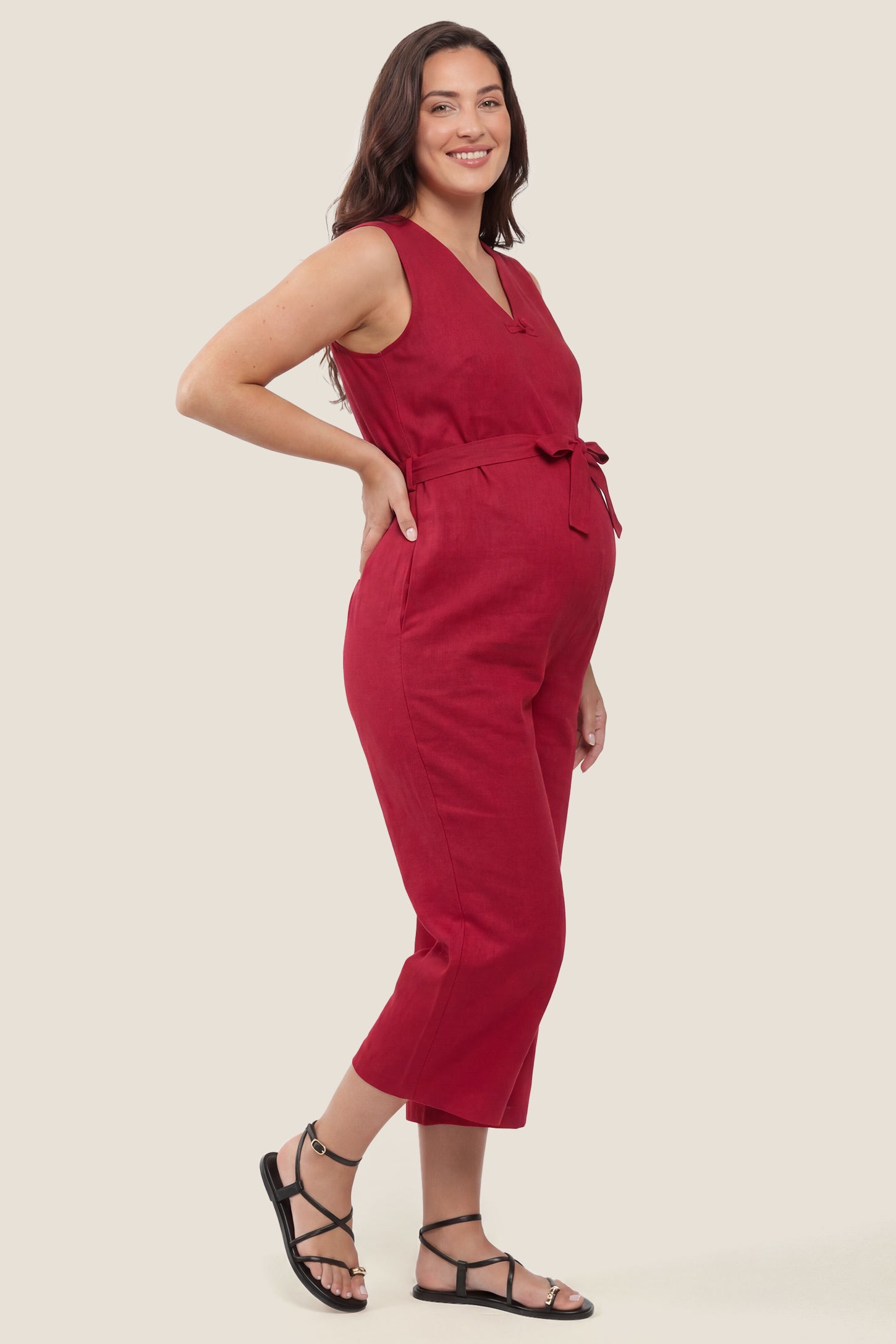 Sleeveless V-Neck Tie-Waist Maternity Jumpsuit