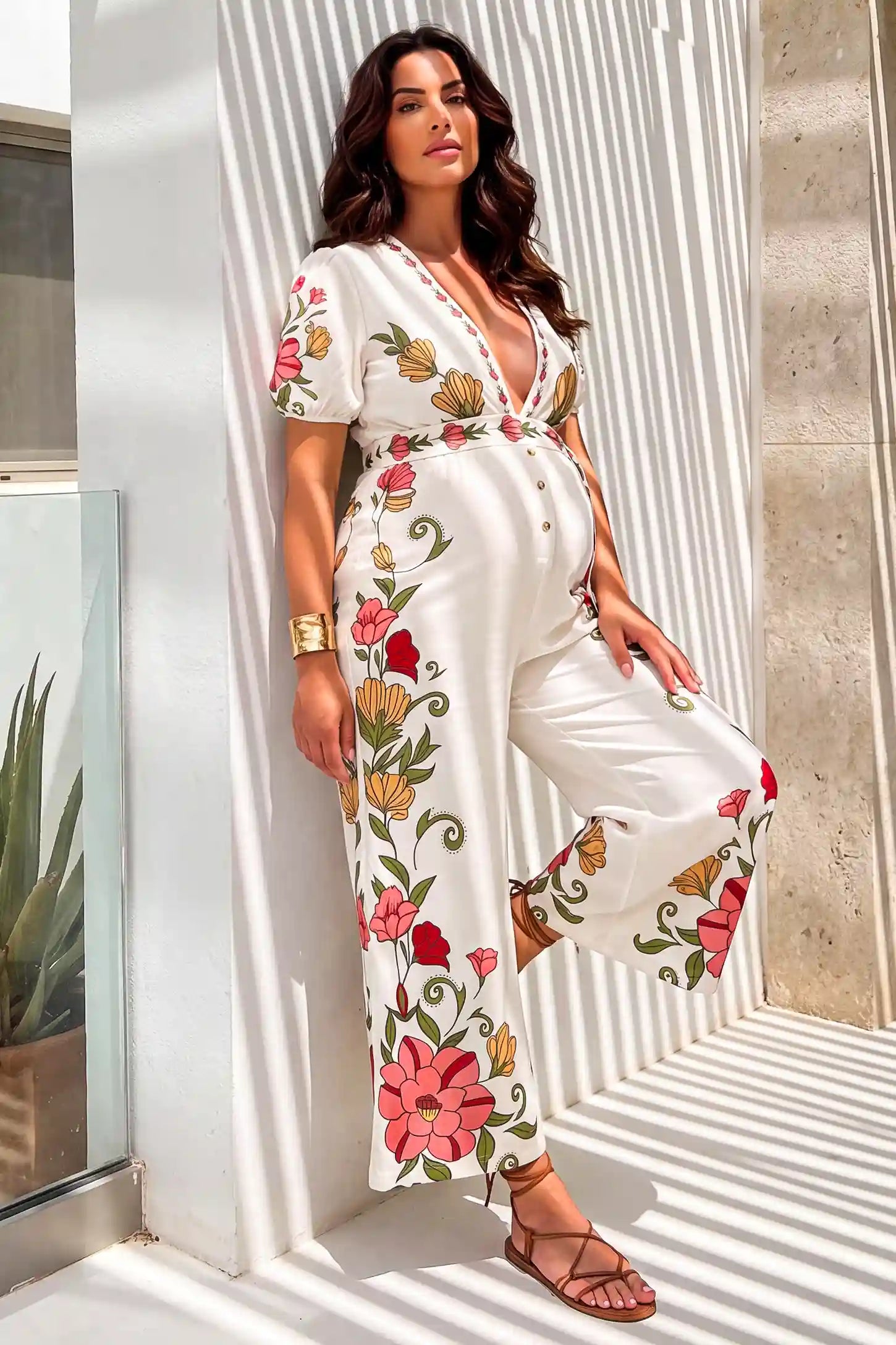 Floral Deep V-Neck Tie-Waist Maternity Jumpsuit