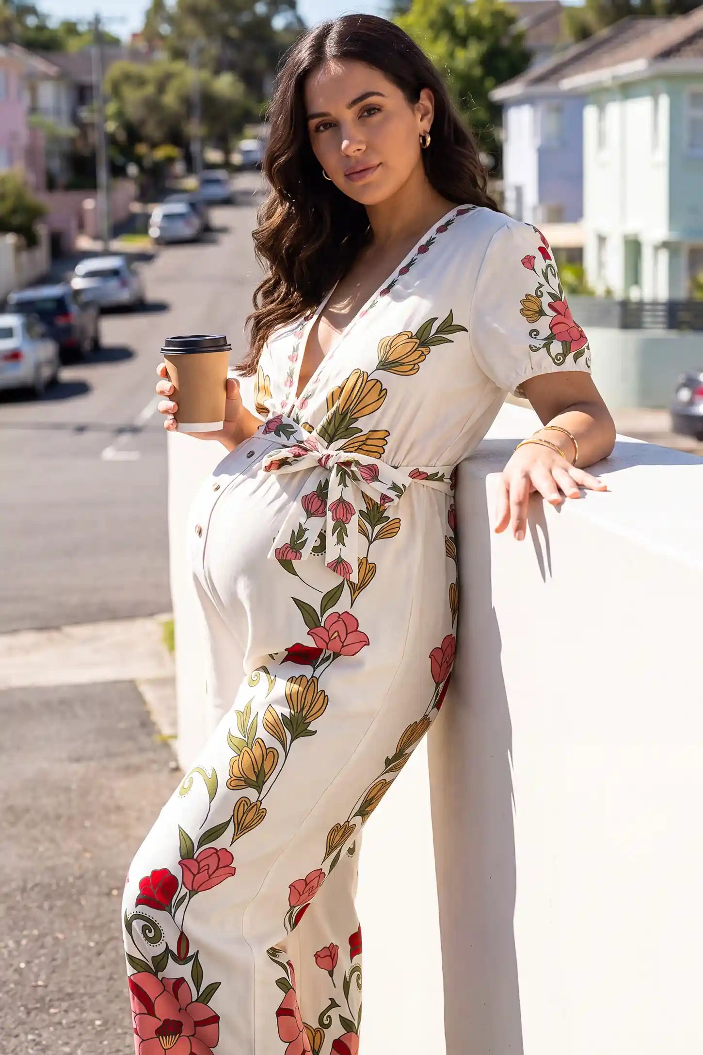 Floral Deep V-Neck Tie-Waist Maternity Jumpsuit