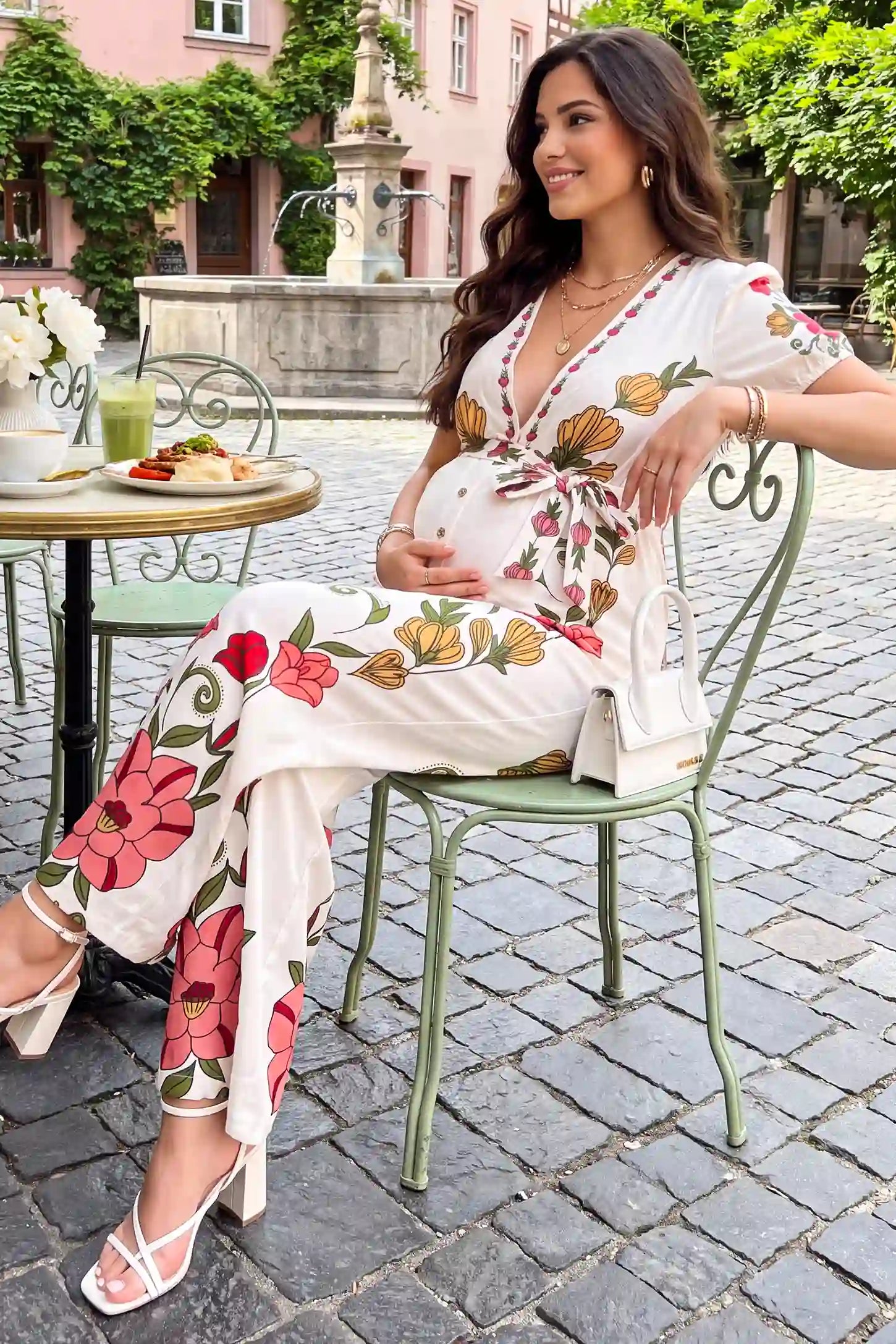 Floral Deep V-Neck Tie-Waist Maternity Jumpsuit