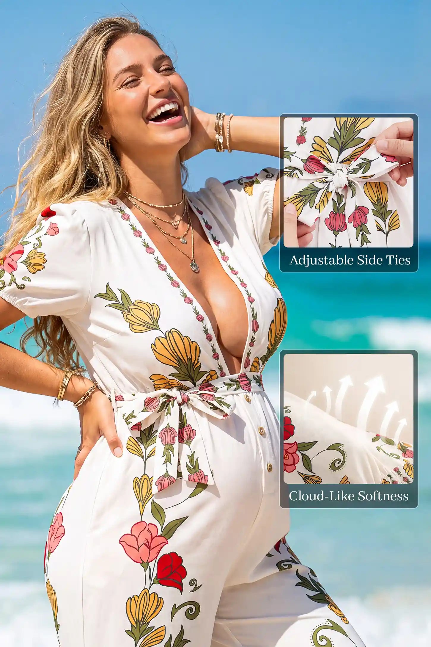 Floral Deep V-Neck Tie-Waist Maternity Jumpsuit