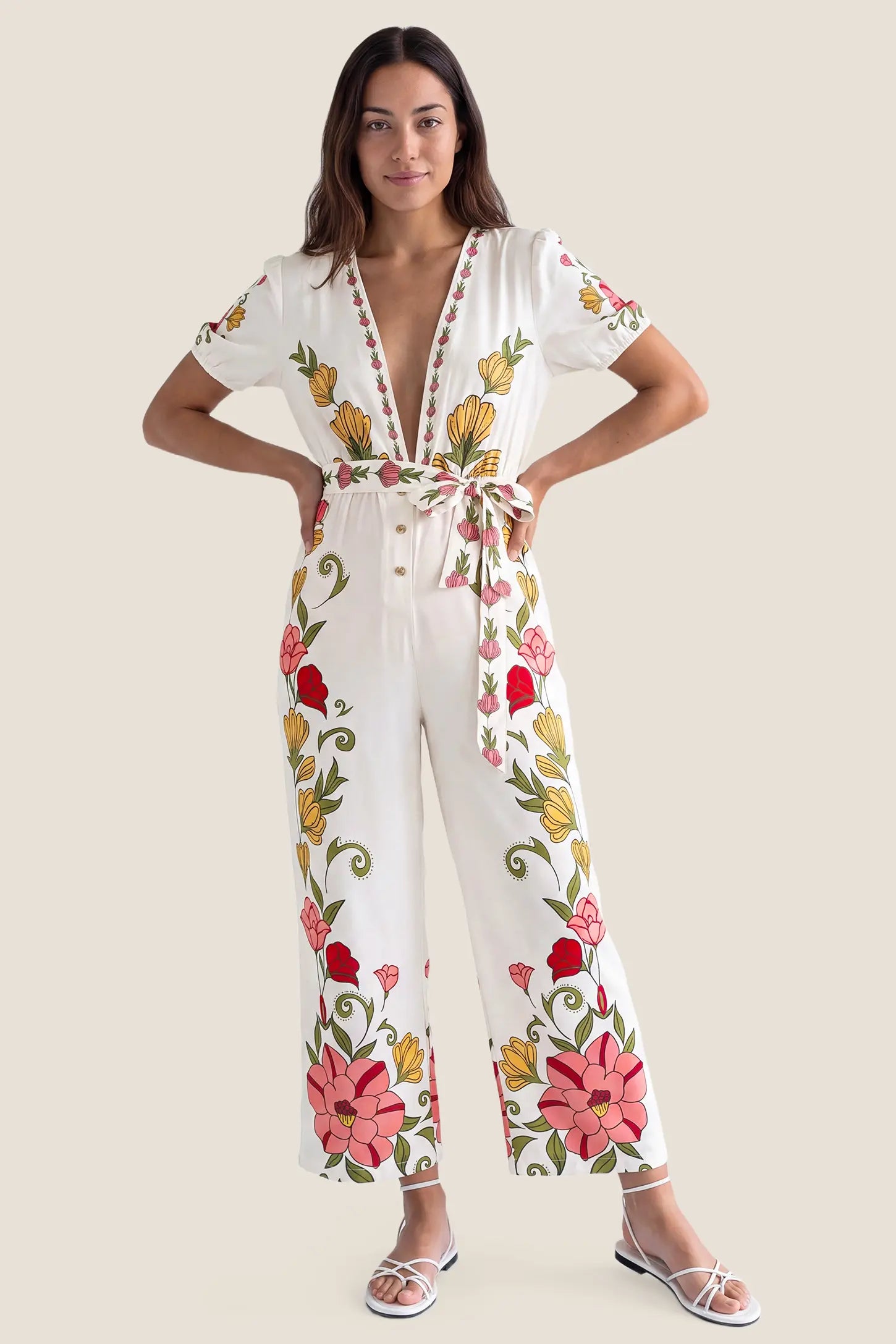 Floral Deep V-Neck Tie-Waist Maternity Jumpsuit