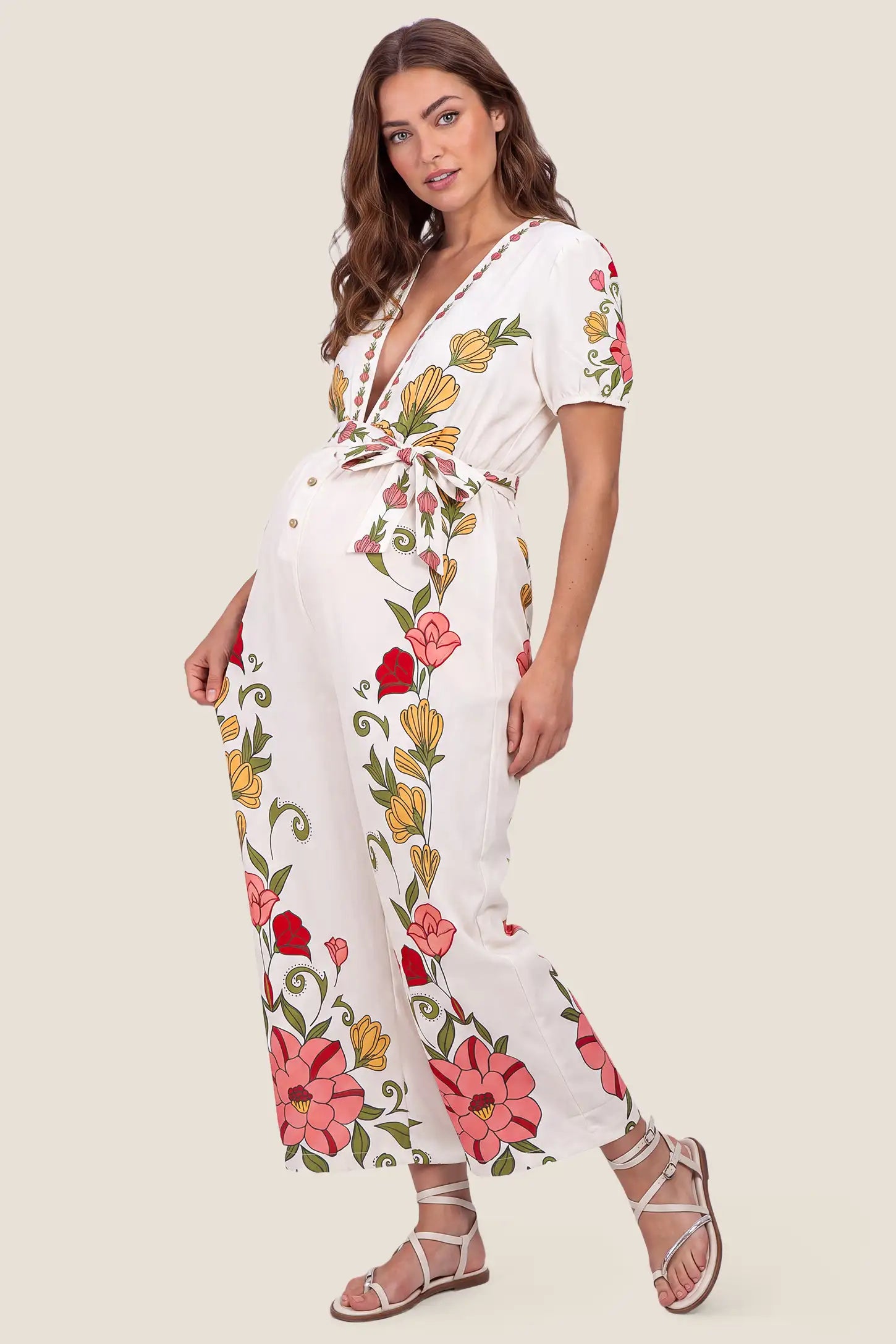 Floral Deep V-Neck Tie-Waist Maternity Jumpsuit