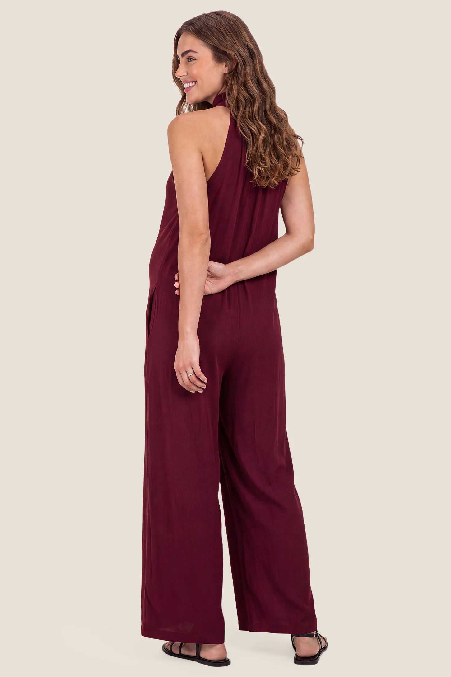 Pocketed Mock Neck Sleeveless Maternity Jumpsuit