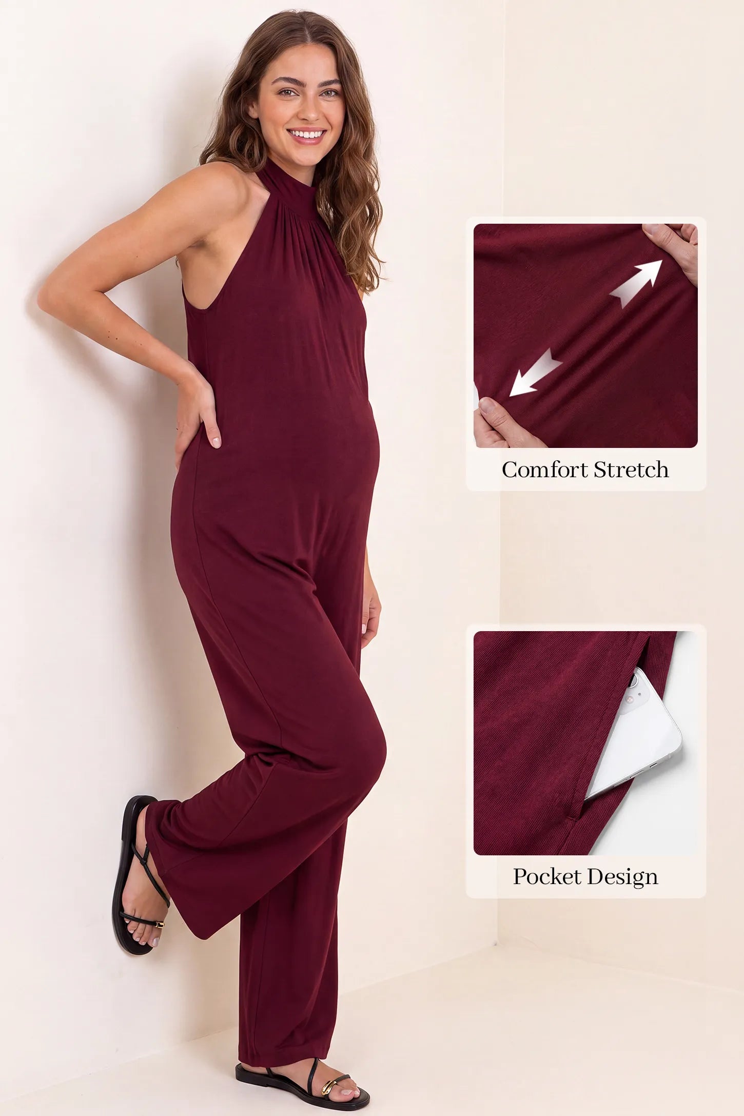Pocketed Mock Neck Sleeveless Maternity Jumpsuit