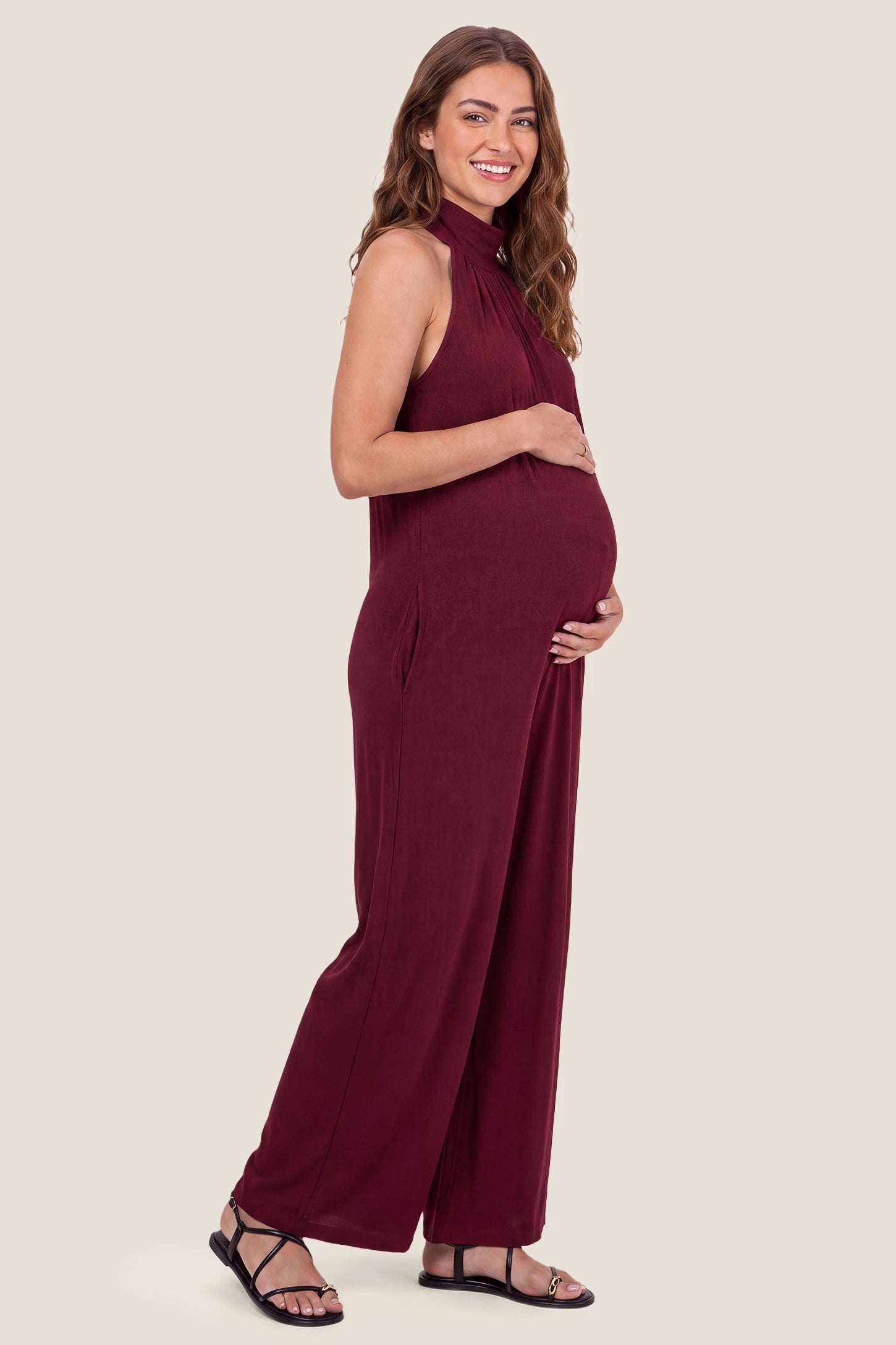 Pocketed Mock Neck Sleeveless Maternity Jumpsuit