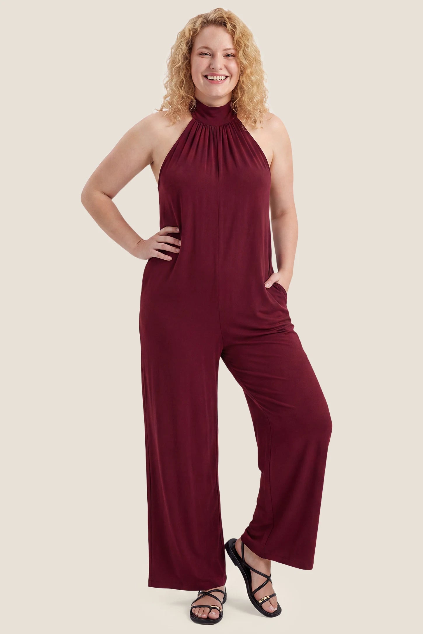 Pocketed Mock Neck Sleeveless Maternity Jumpsuit