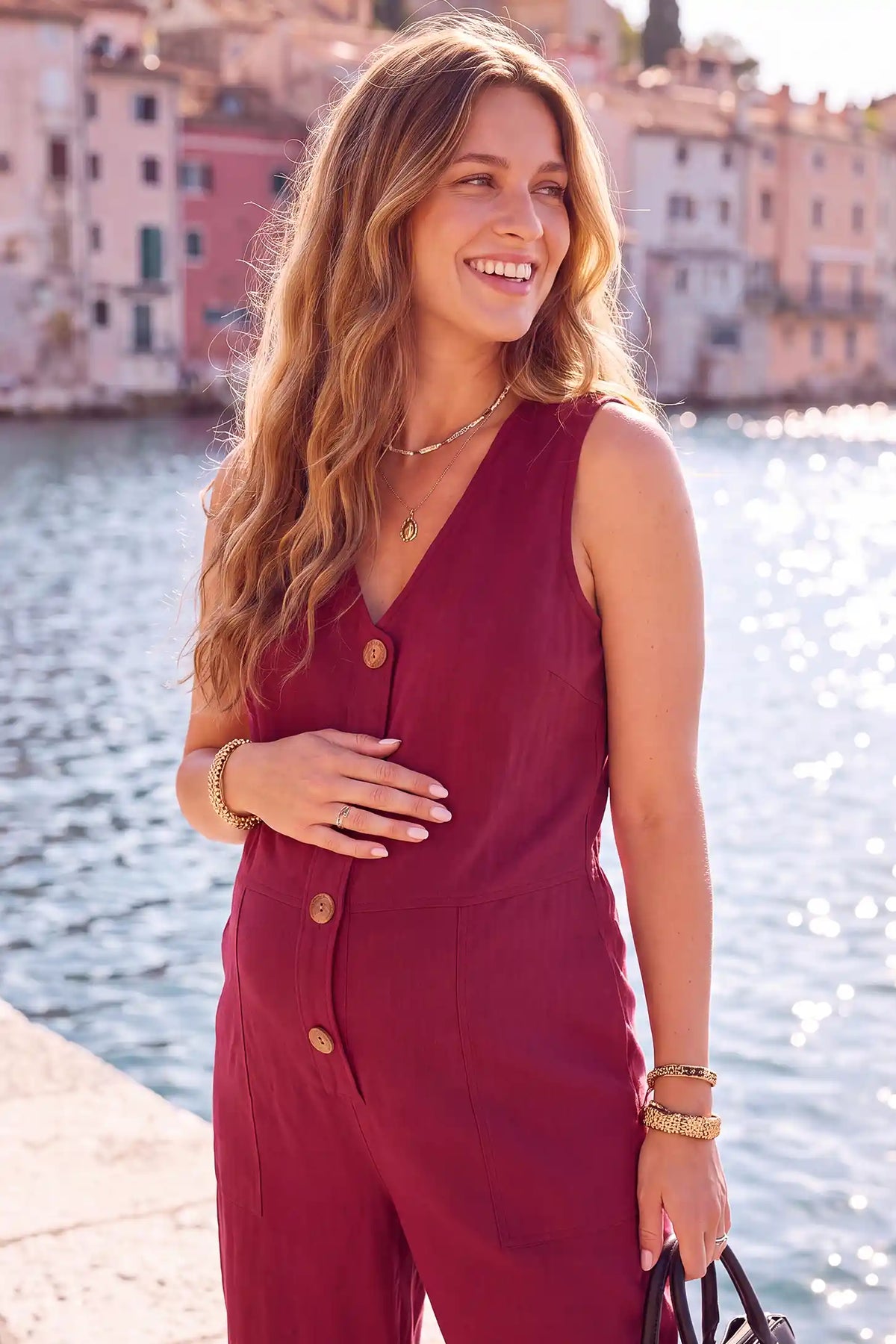 Wide-Leg V-Neck Button-Front Maternity Jumpsuit