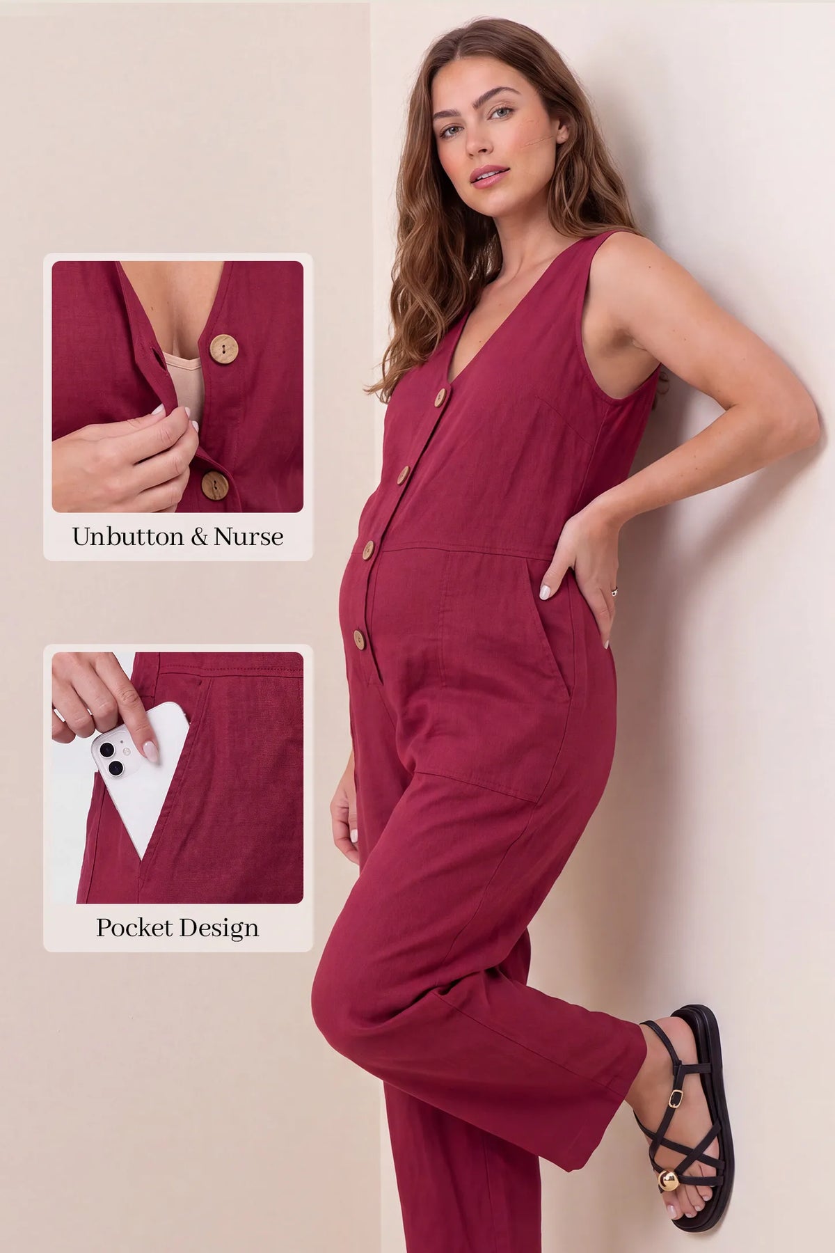Wide-Leg V-Neck Button-Front Maternity Jumpsuit