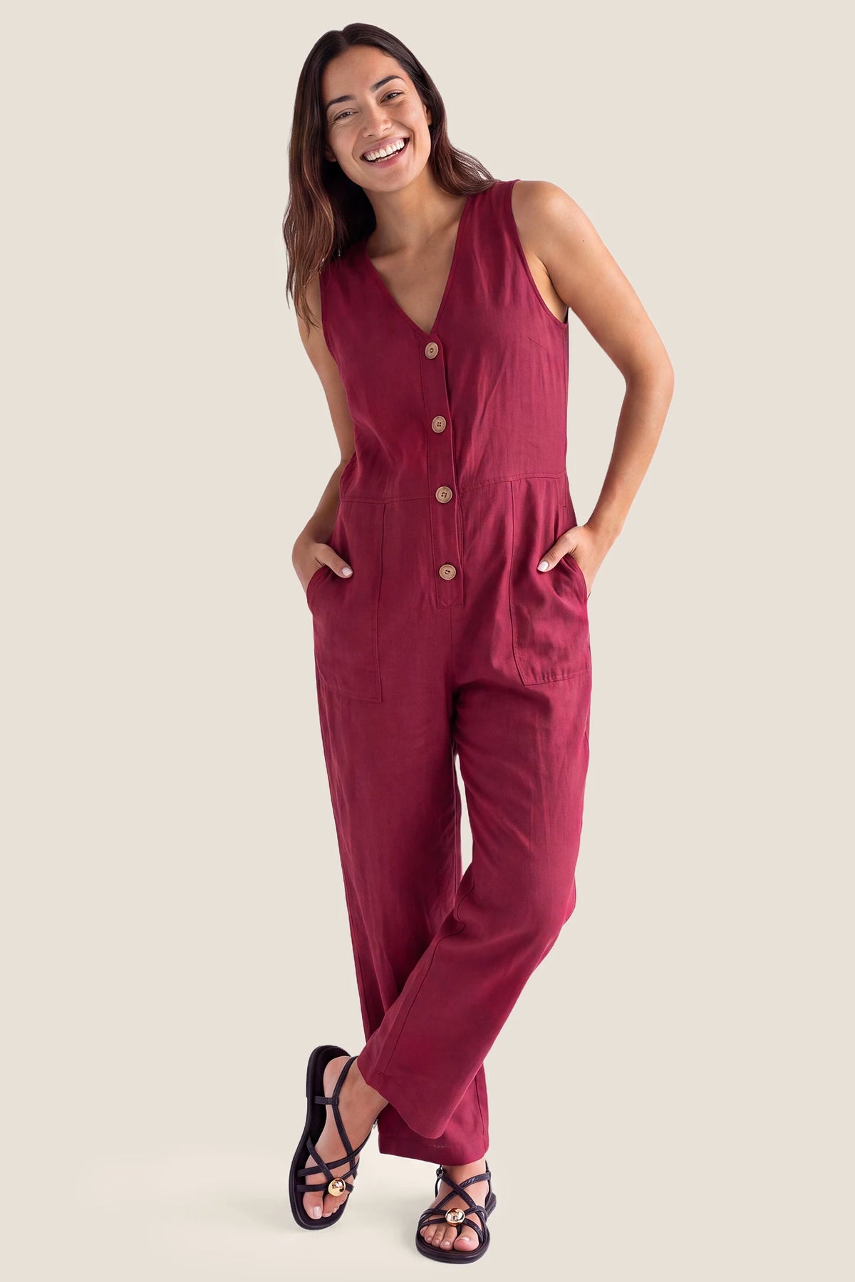 Wide-Leg V-Neck Button-Front Maternity Jumpsuit