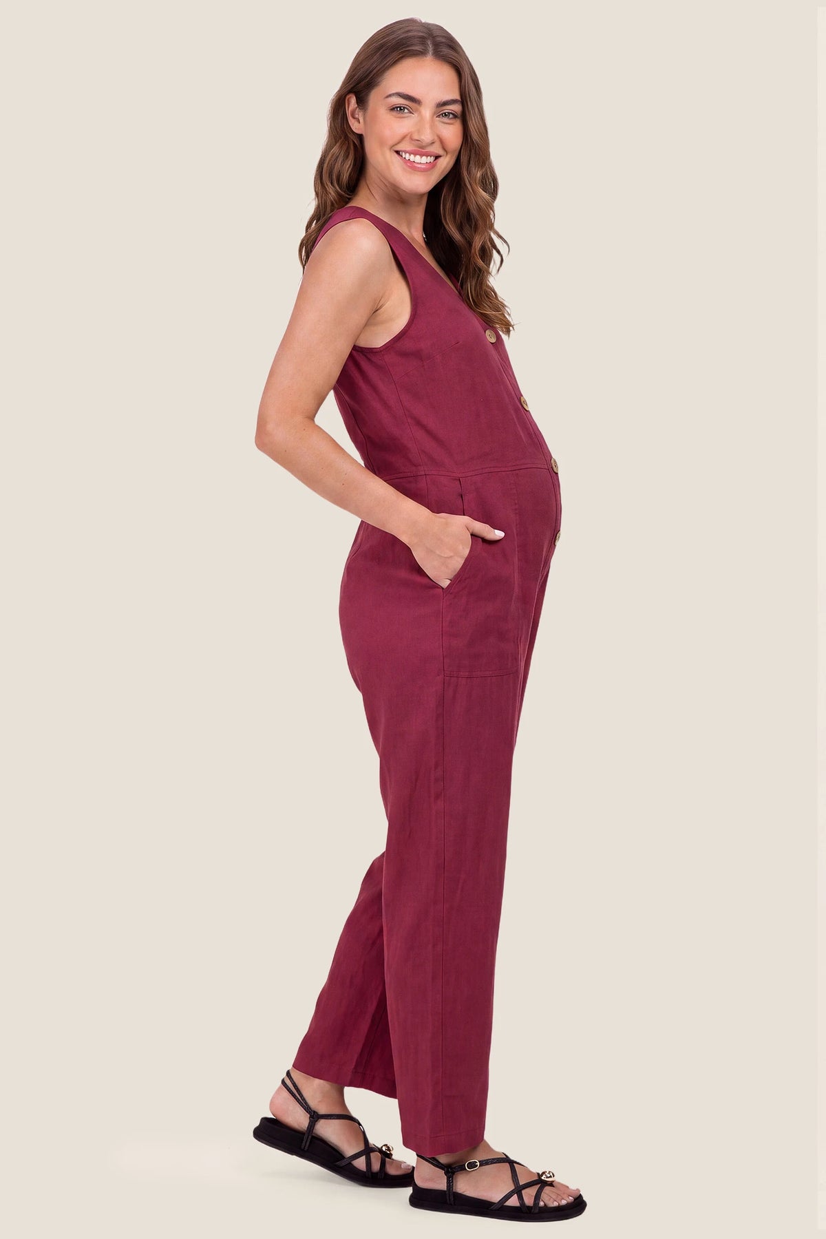 Wide-Leg V-Neck Button-Front Maternity Jumpsuit