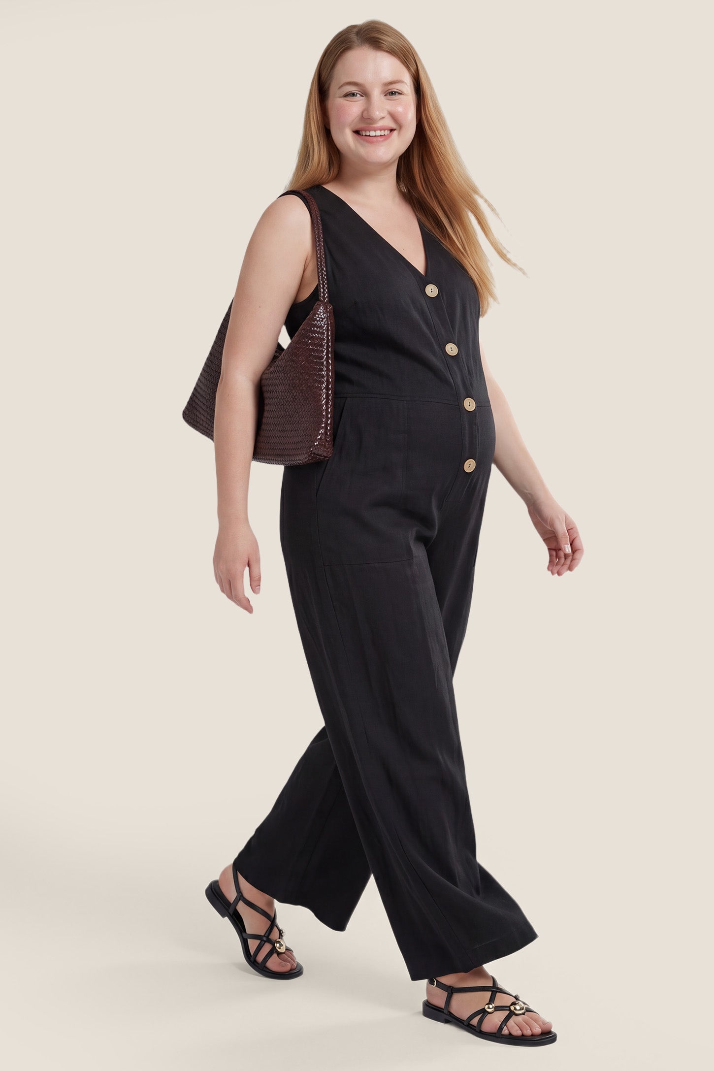 Wide-Leg V-Neck Button-Front Maternity Jumpsuit
