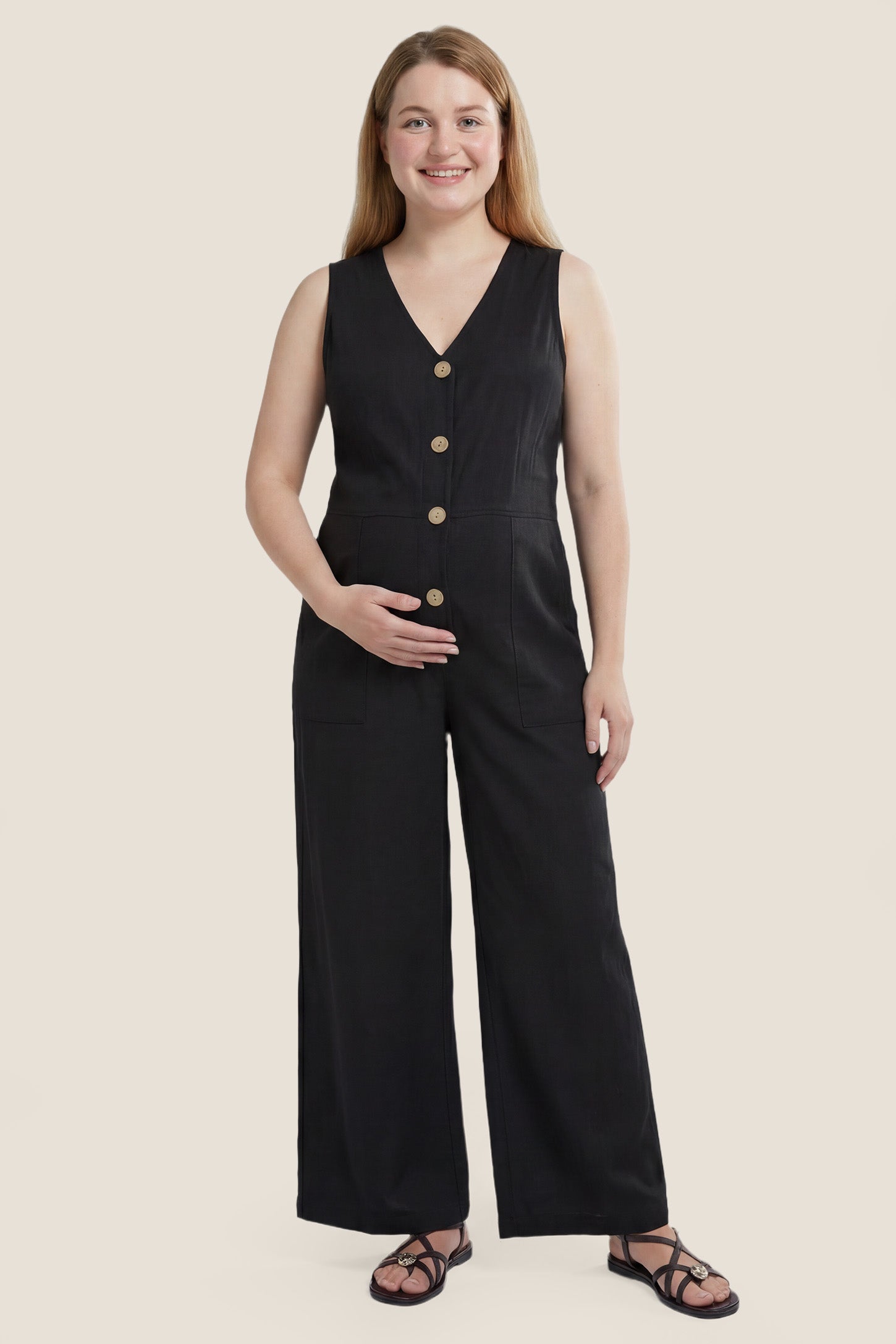 Wide-Leg V-Neck Button-Front Maternity Jumpsuit