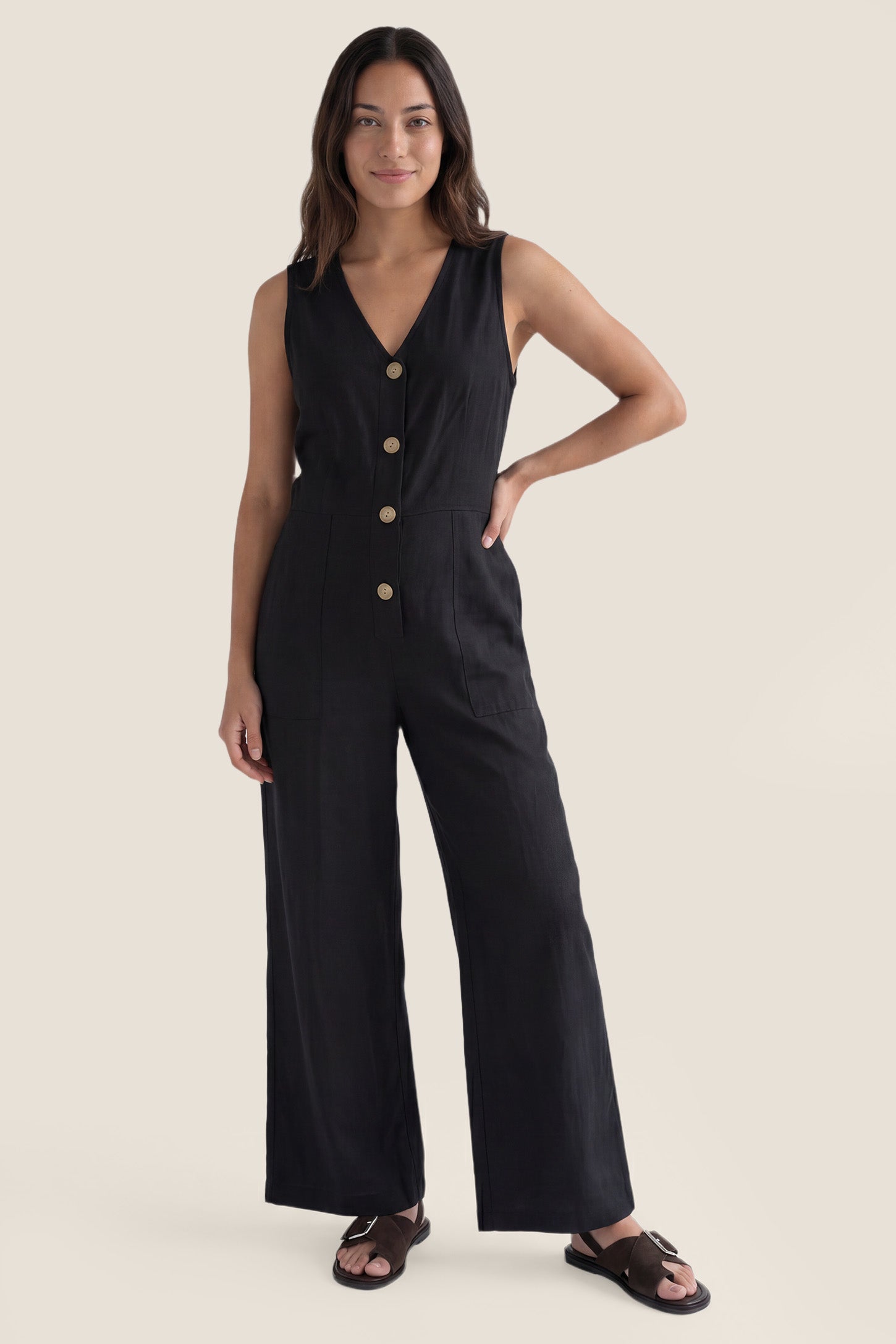 Wide-Leg V-Neck Button-Front Maternity Jumpsuit