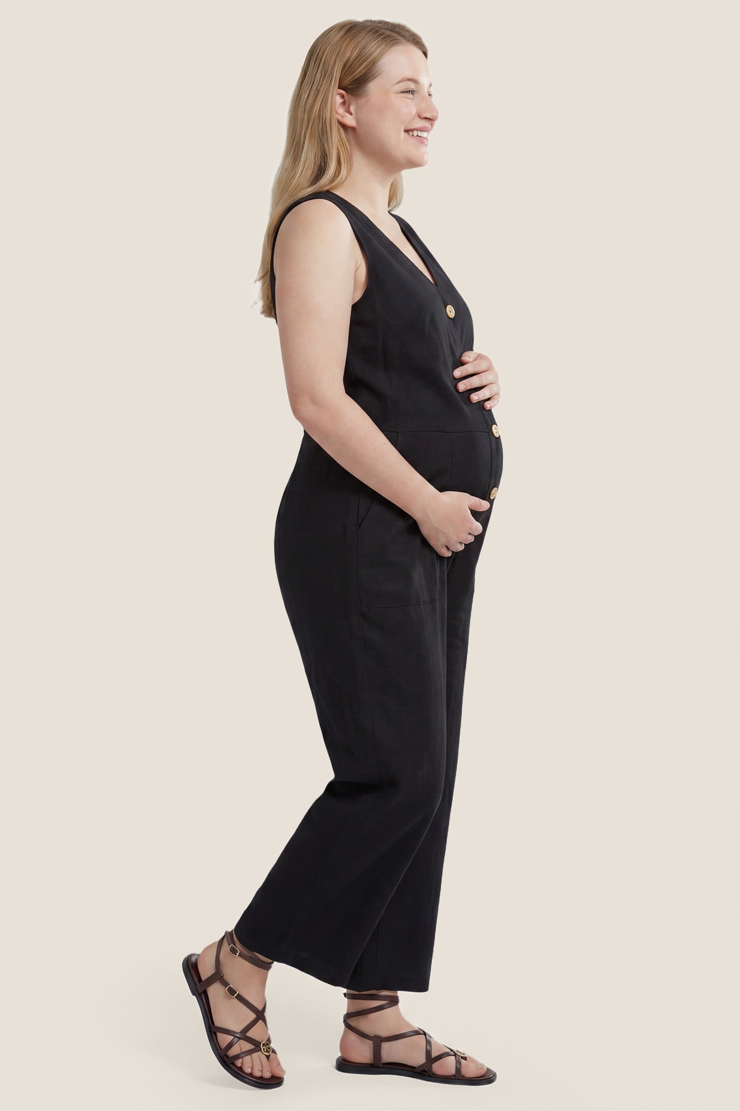 Wide-Leg V-Neck Button-Front Maternity Jumpsuit