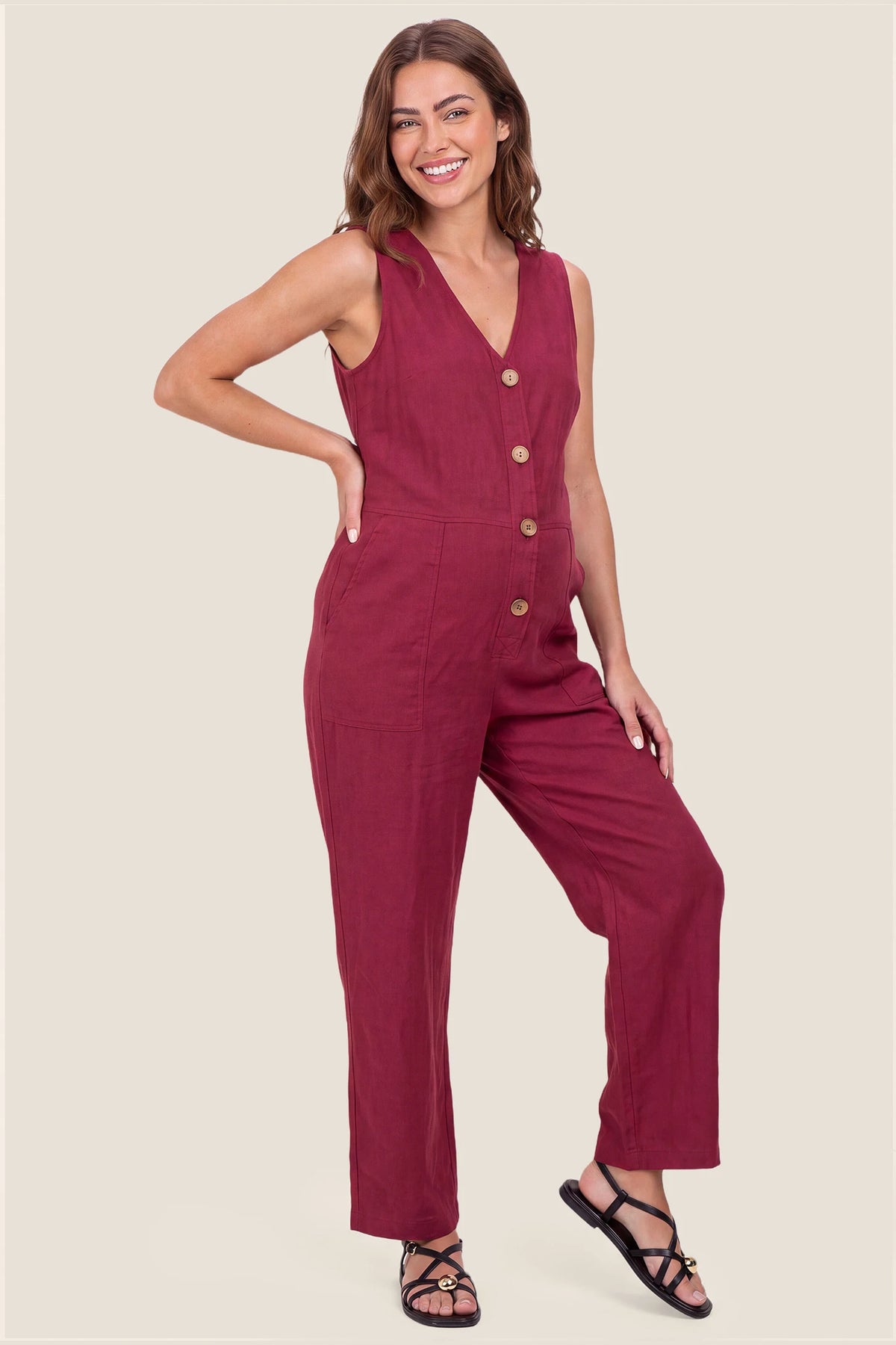 Wide-Leg V-Neck Button-Front Maternity Jumpsuit