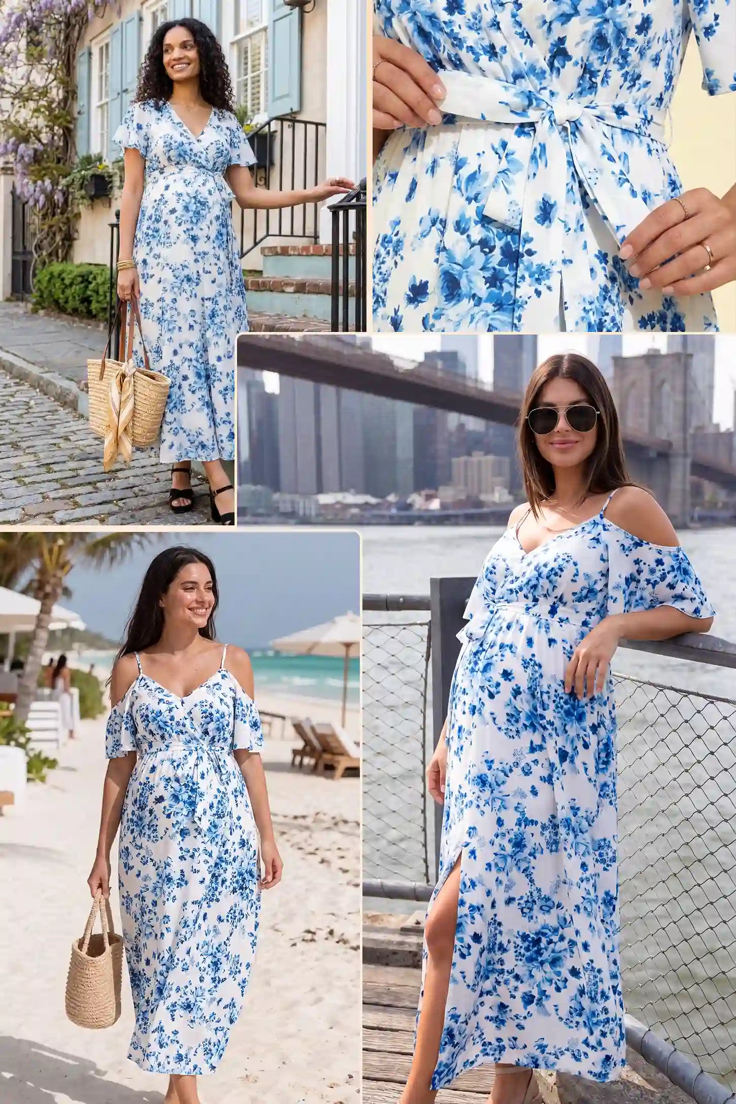 Elegant Floral Cold Shoulder Maternity Maxi Dress with Slit