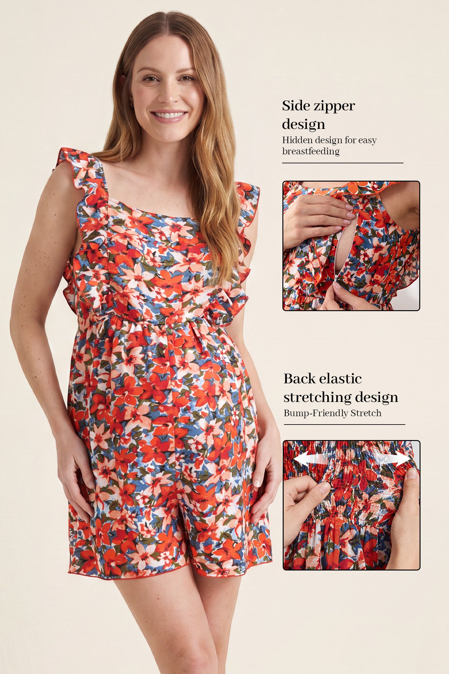 Floral Ruffle Strap Smocked Maternity & Nursing Romper