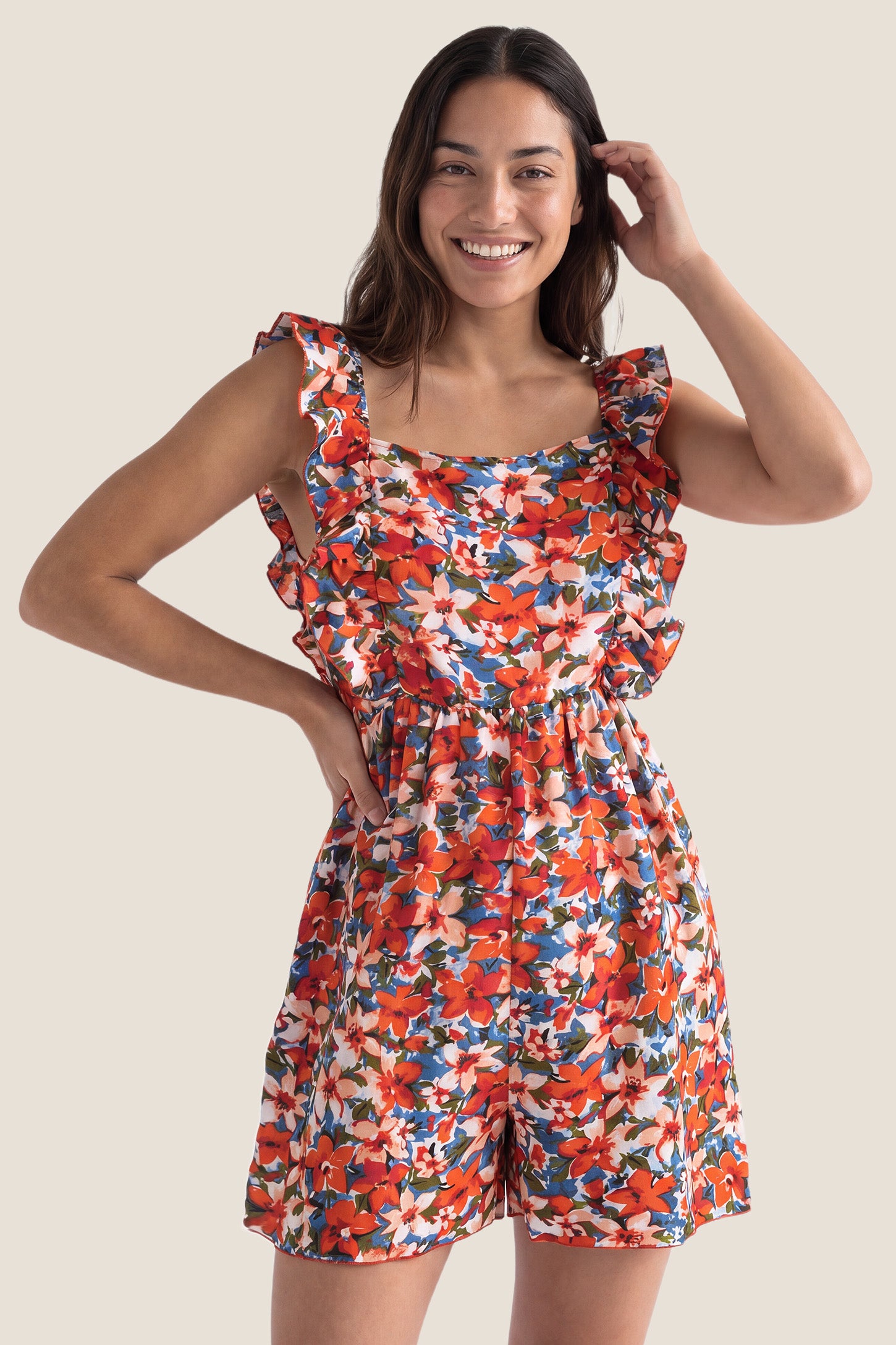 Floral Ruffle Strap Smocked Maternity & Nursing Romper