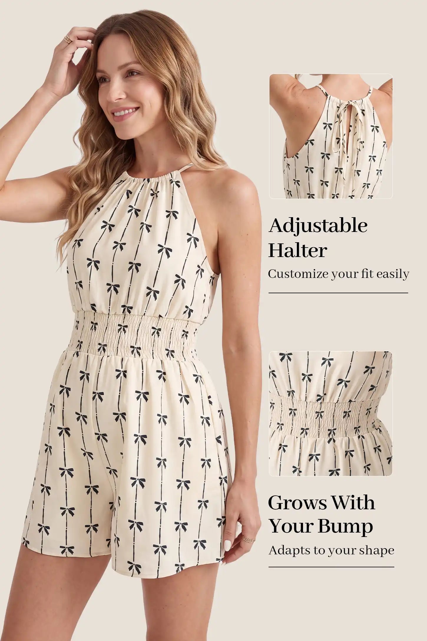 Adjustable Halter Bow Print Maternity Romper