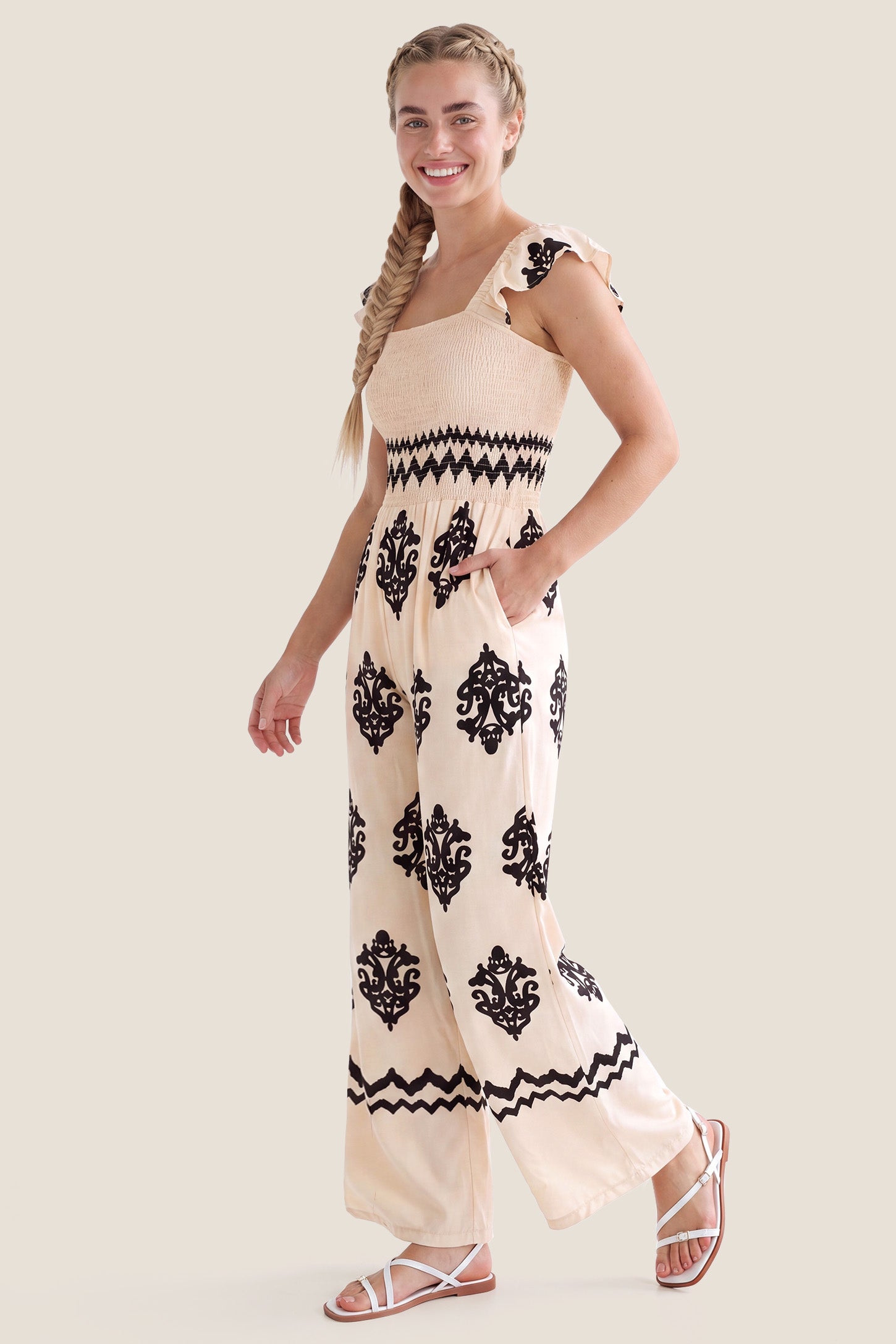 Flutter Sleeve Smocked Maternity Jumpsuit