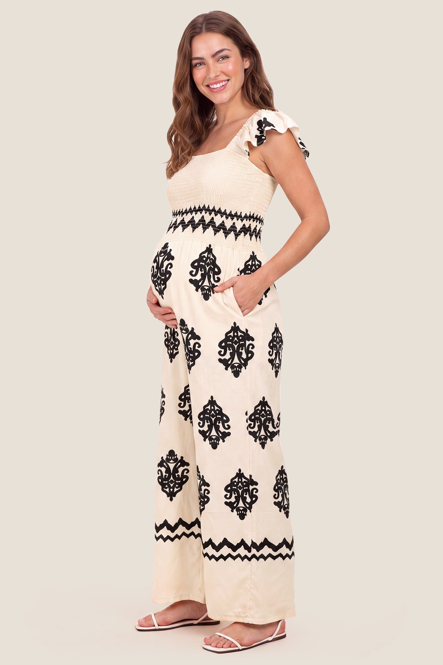 Flutter Sleeve Smocked Maternity Jumpsuit