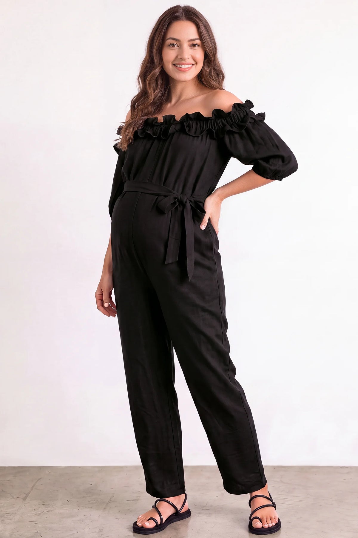 Off-Shoulder Ruffle Maternity Jumpsuit