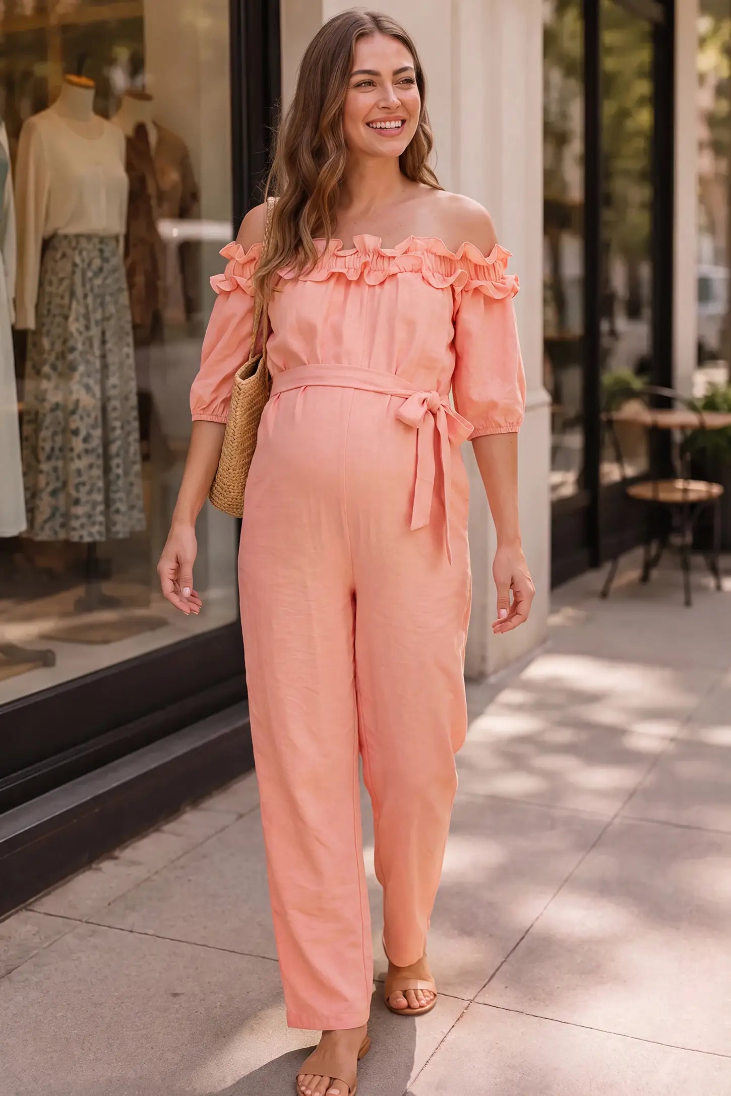 Off-Shoulder Ruffle Maternity Jumpsuit