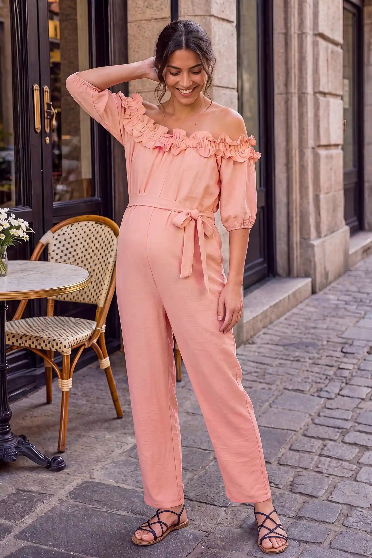 Off-Shoulder Ruffle Maternity Jumpsuit