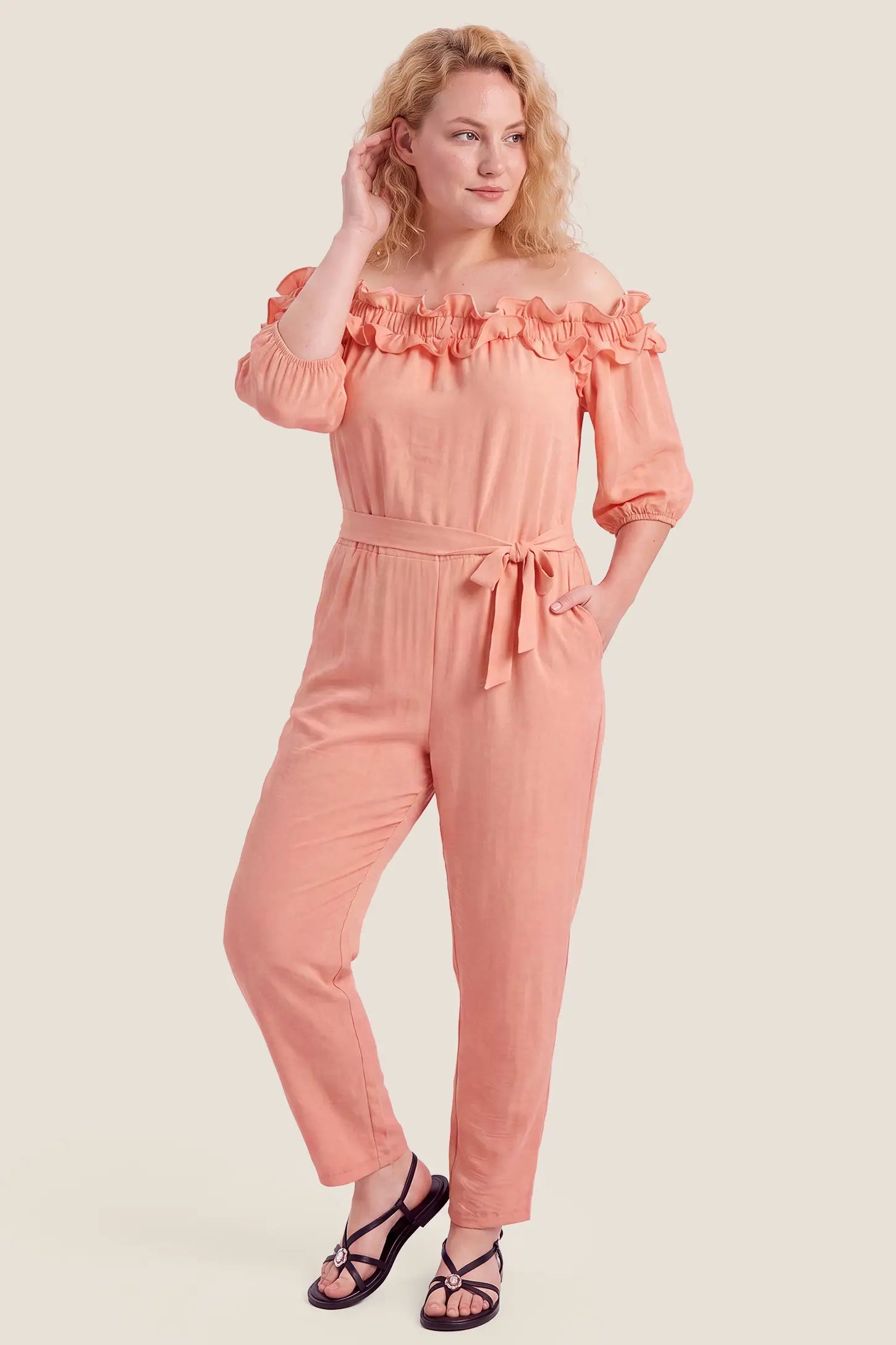 Off-Shoulder Ruffle Maternity Jumpsuit