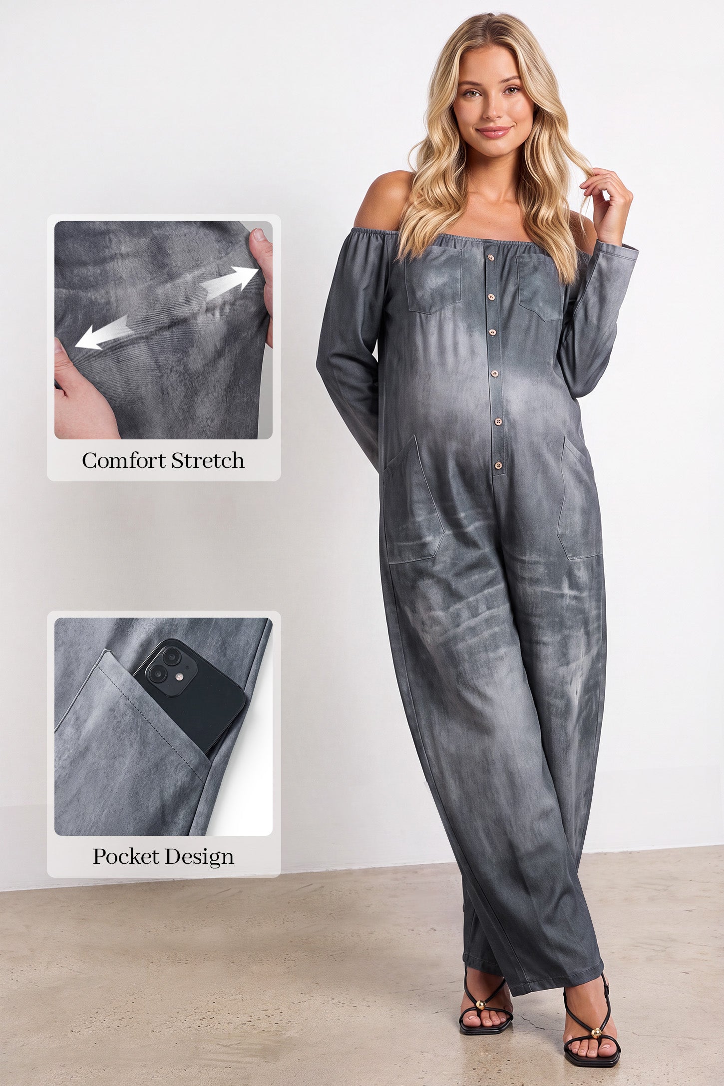 Trendy Washed-Look Off-Shoulder Maternity Jumpsuit