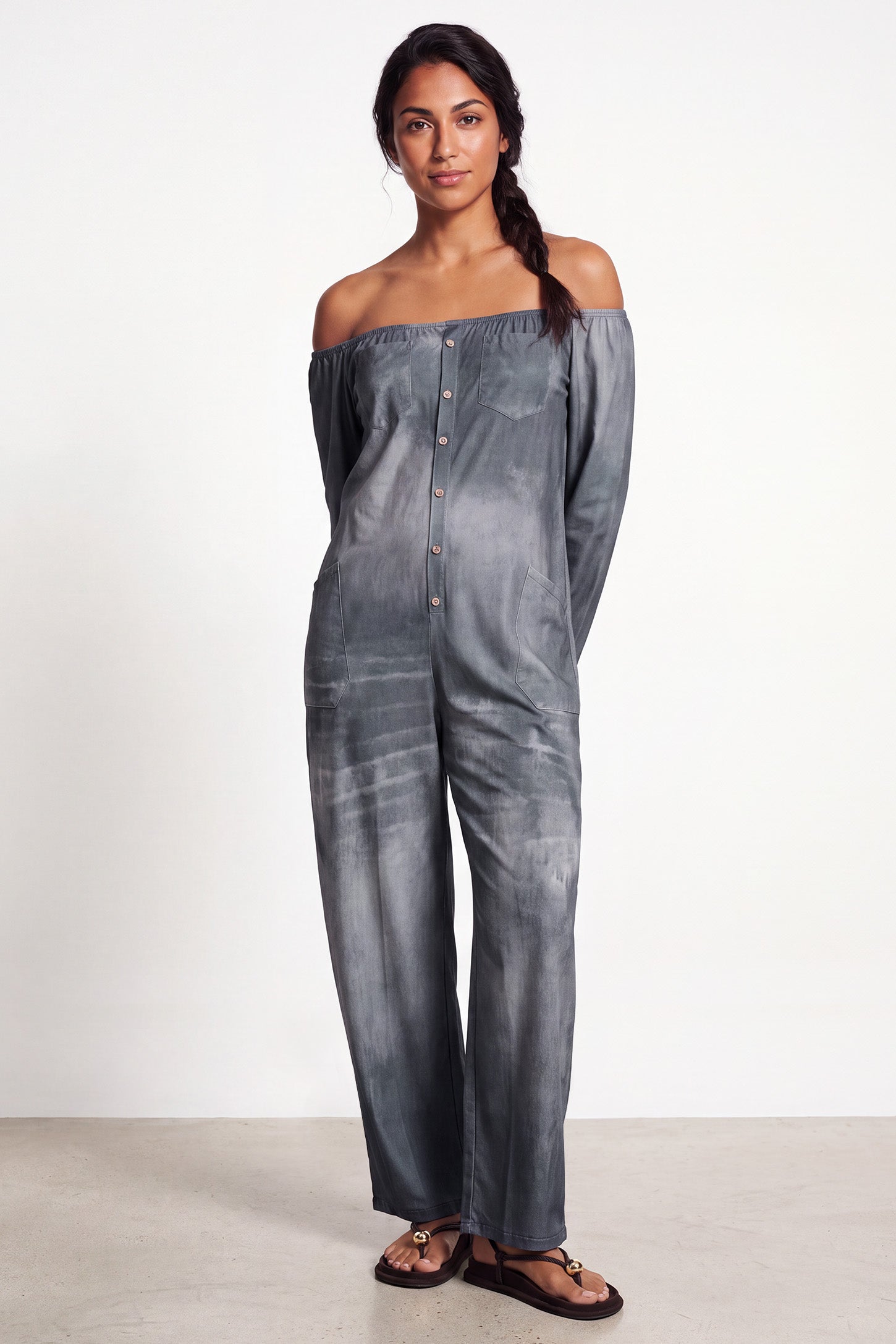 Trendy Washed-Look Off-Shoulder Maternity Jumpsuit