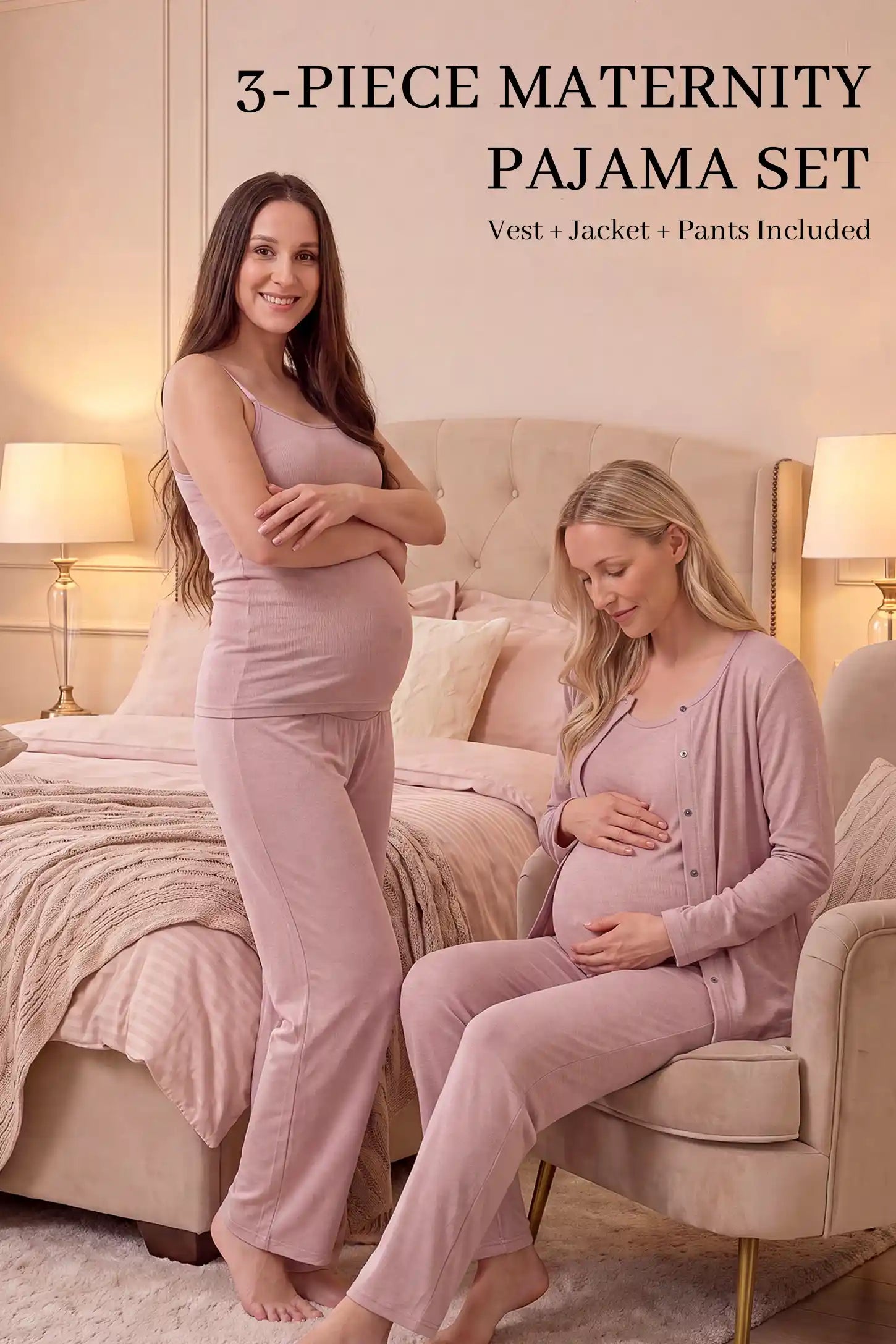 Soft Rib Knit Maternity & Nursing Pajama Set with Cami, Cardigan & Pants