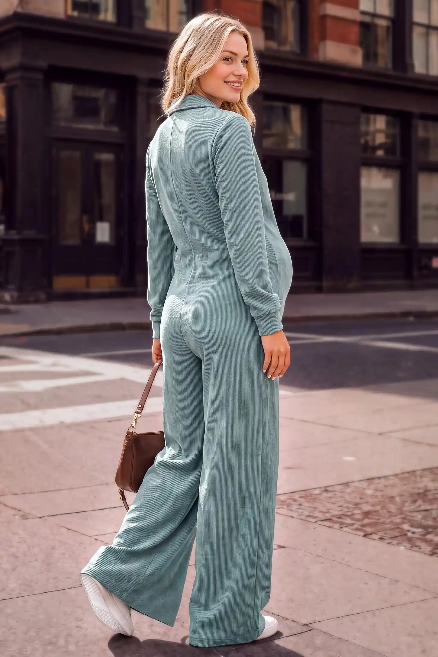 Maternity Ribbed Button-Front Wide-Leg Jumpsuit