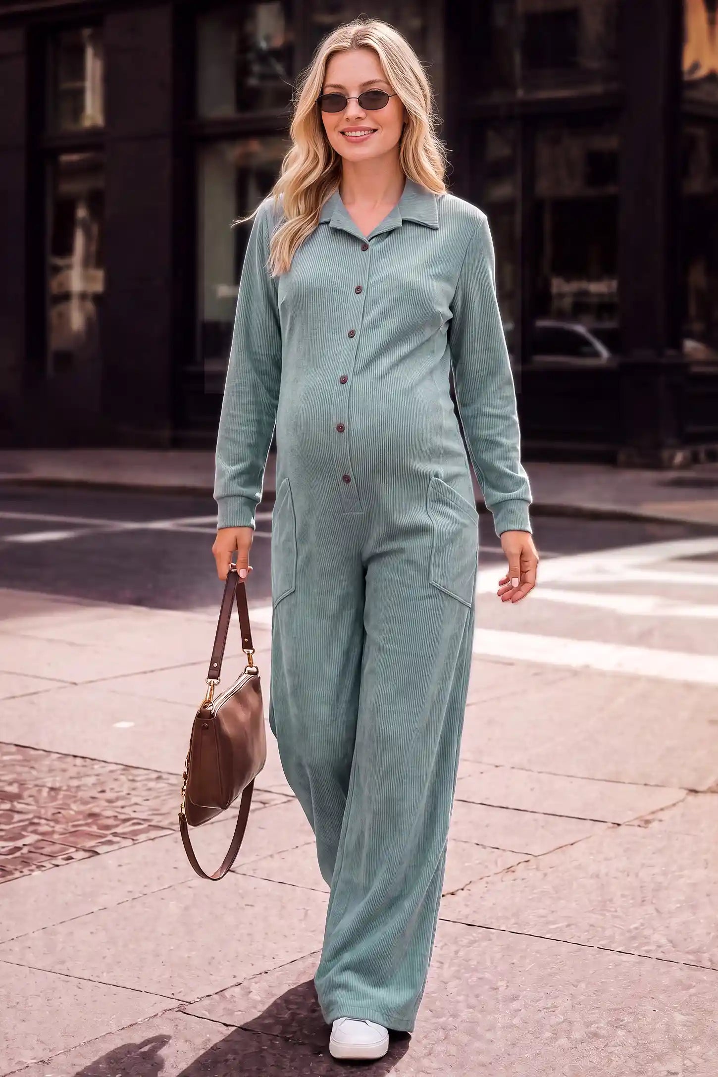 Maternity Ribbed Button-Front Wide-Leg Jumpsuit