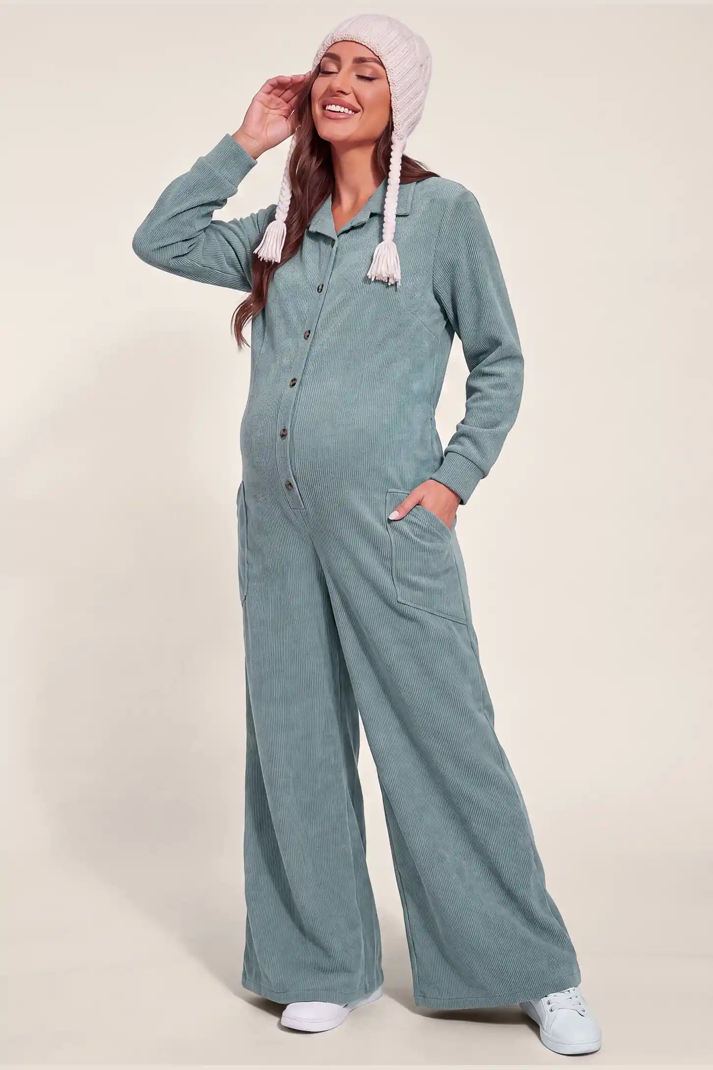Maternity Ribbed Button-Front Wide-Leg Jumpsuit