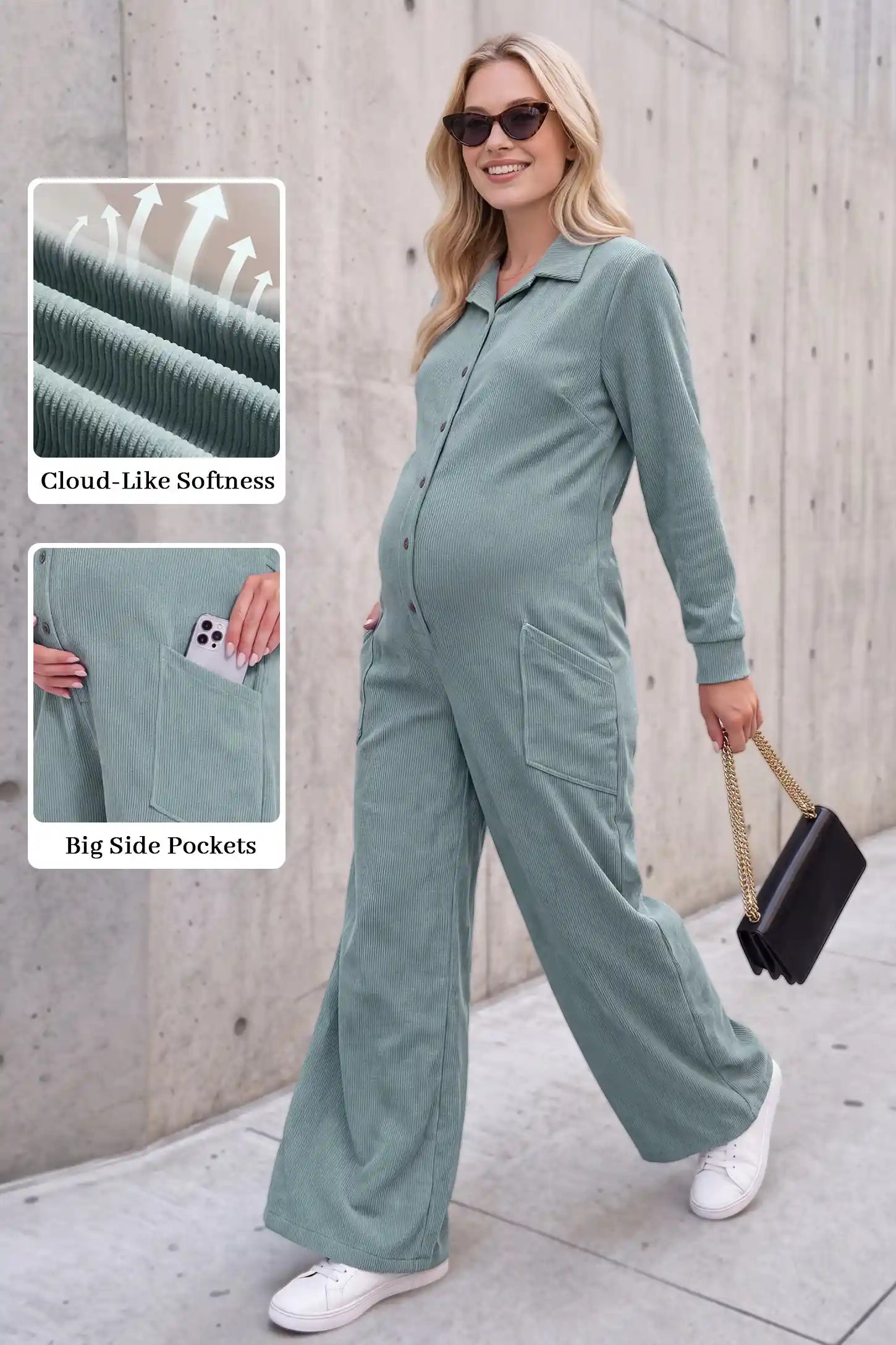 Maternity Ribbed Button-Front Wide-Leg Jumpsuit