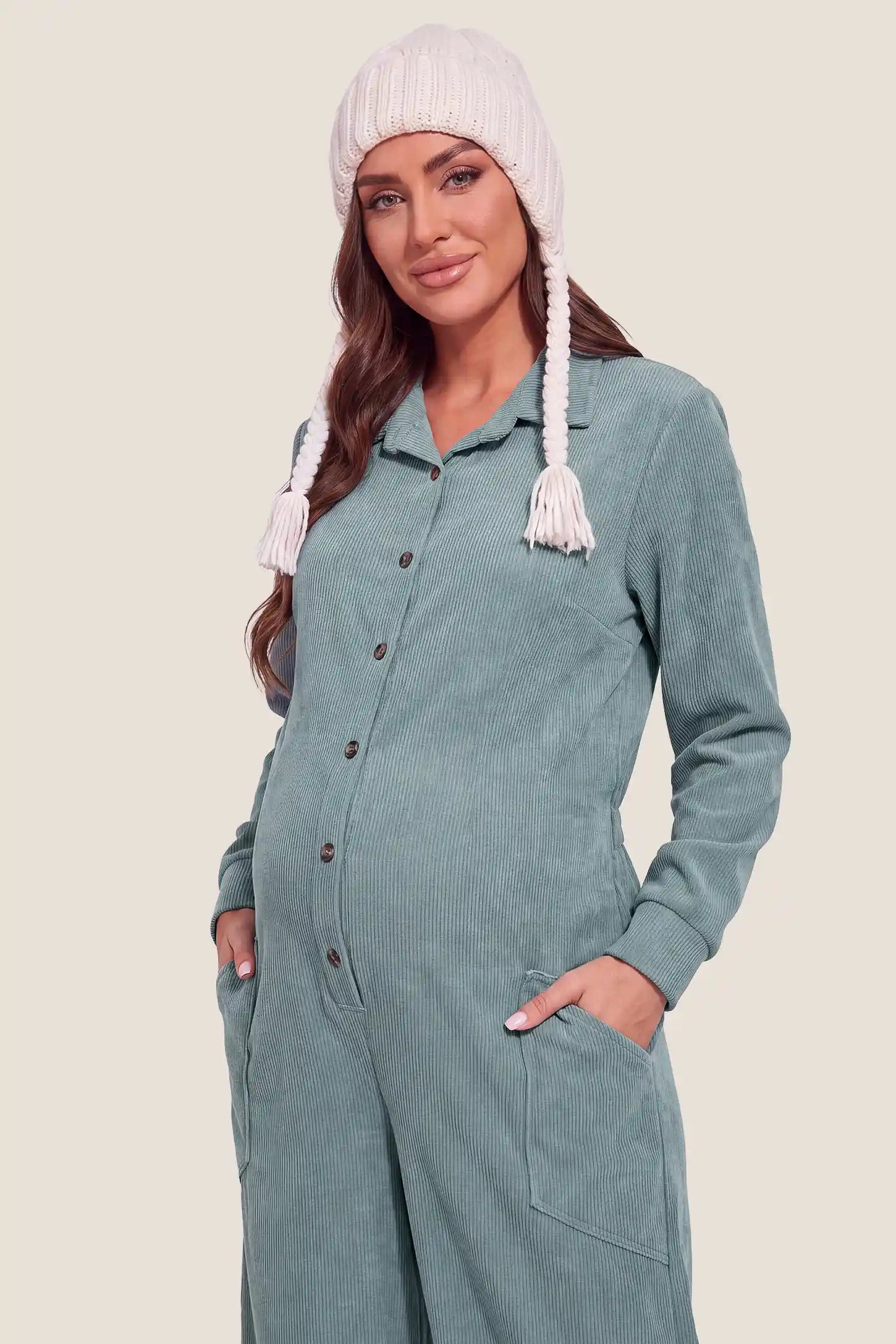 Maternity Ribbed Button-Front Wide-Leg Jumpsuit