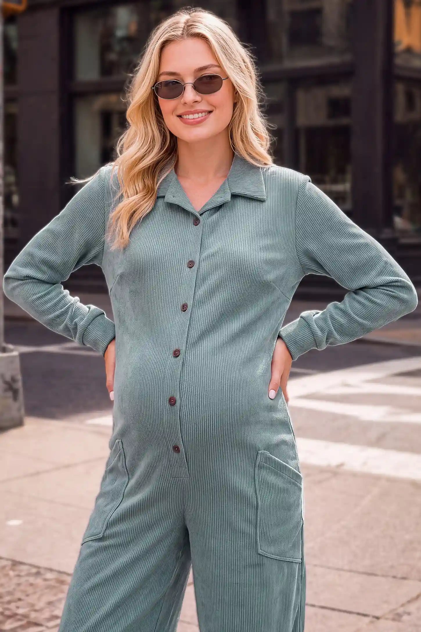 Maternity Ribbed Button-Front Wide-Leg Jumpsuit