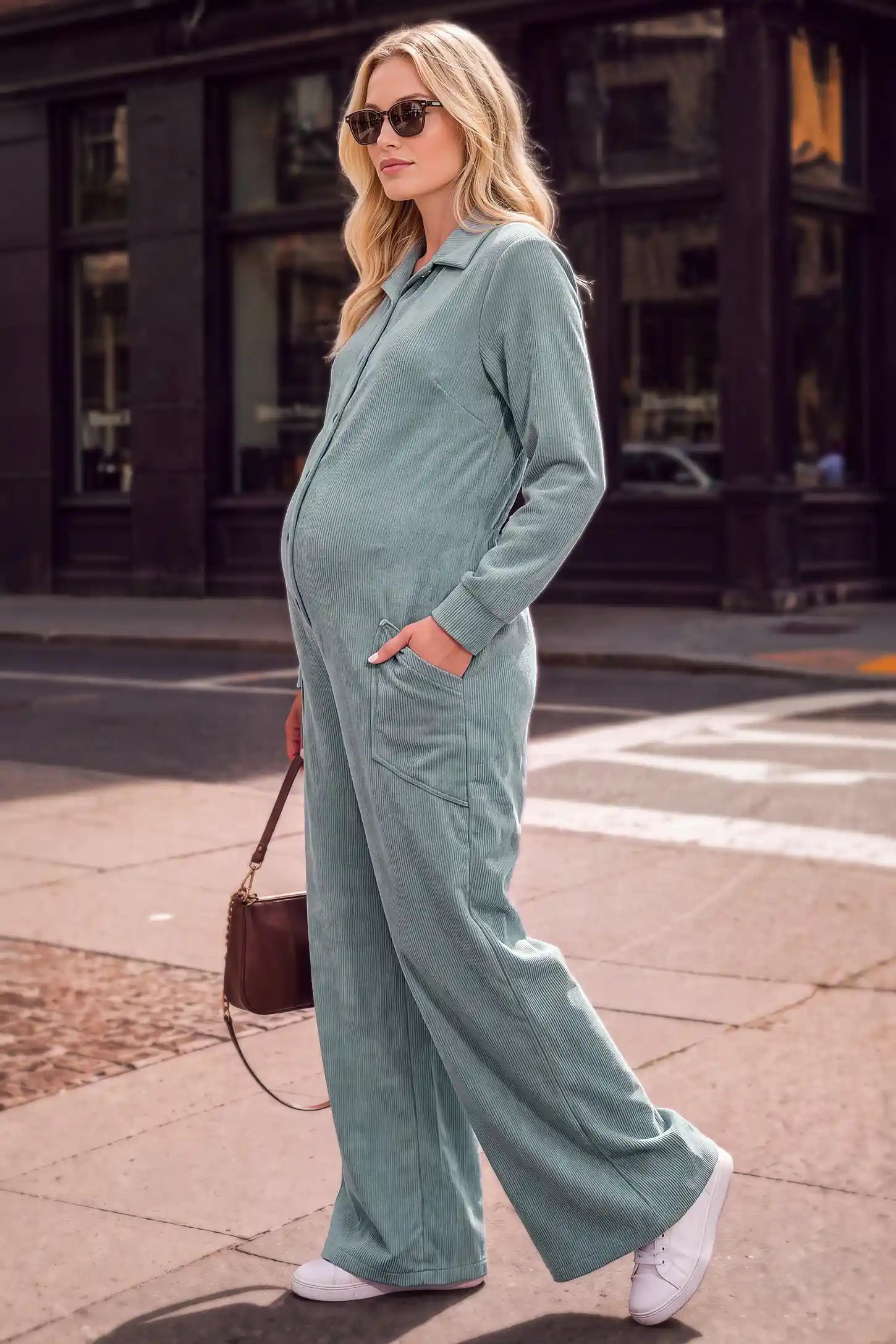Maternity Ribbed Button-Front Wide-Leg Jumpsuit