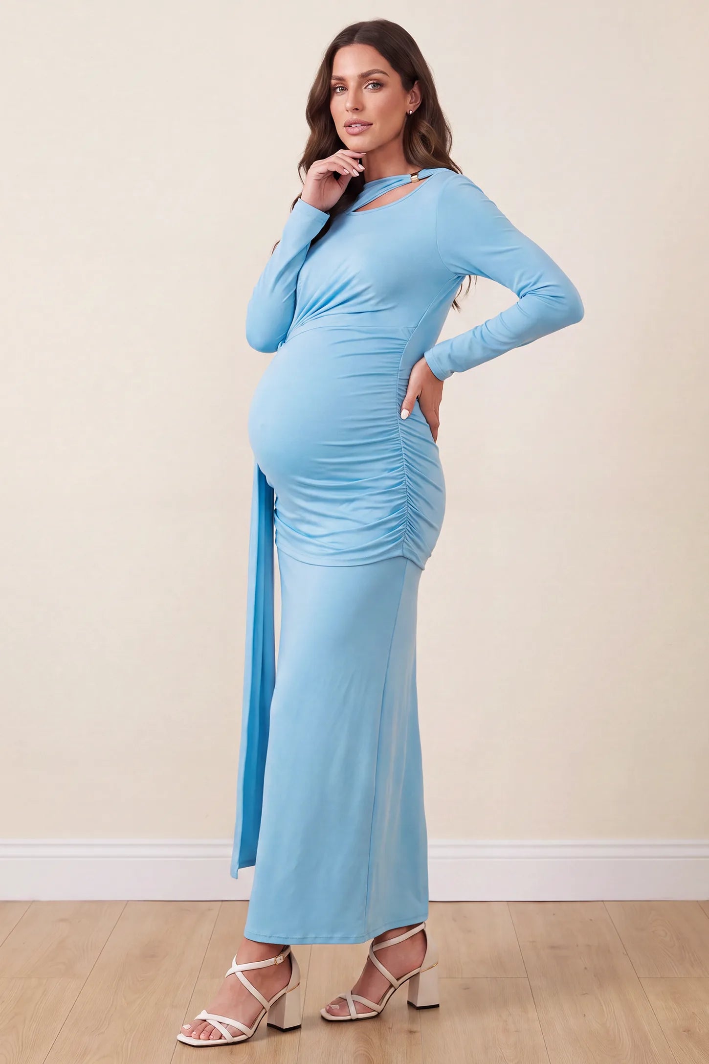 Asymmetrical Ruched High Waist Maternity Maxi Dress